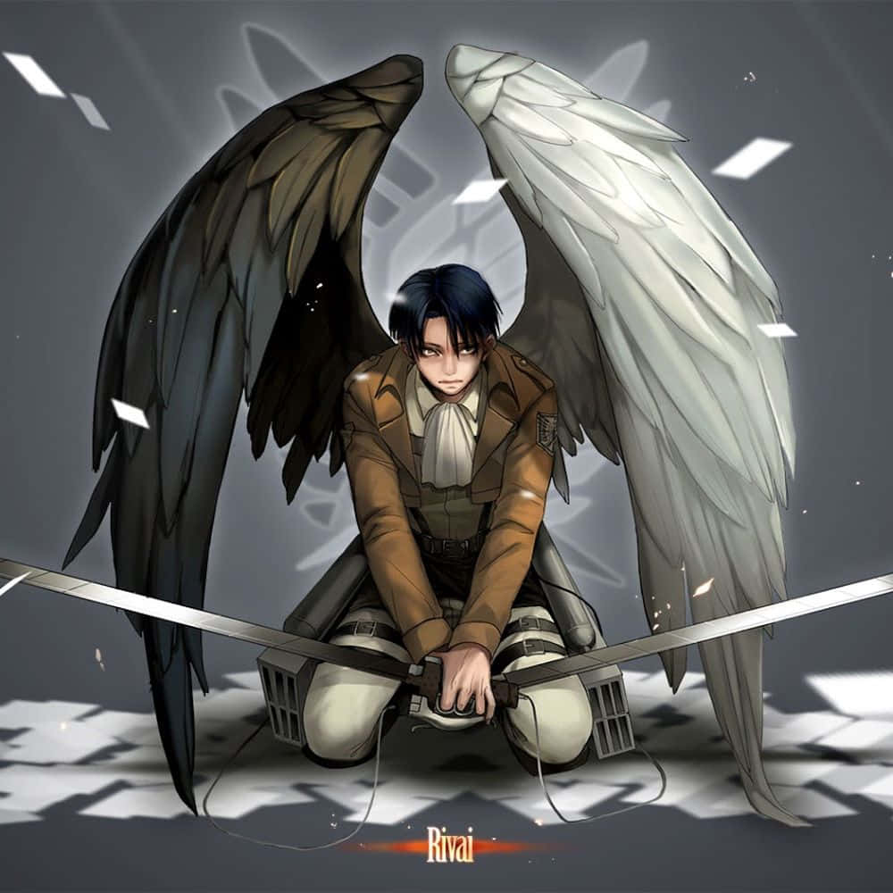 Aot Wings Of Freedom 桌布 壁紙 — 一位年輕的動漫戰士跪著，擁有黑白雙翼，手持劍，背景為灰色，有漂浮的紙張。