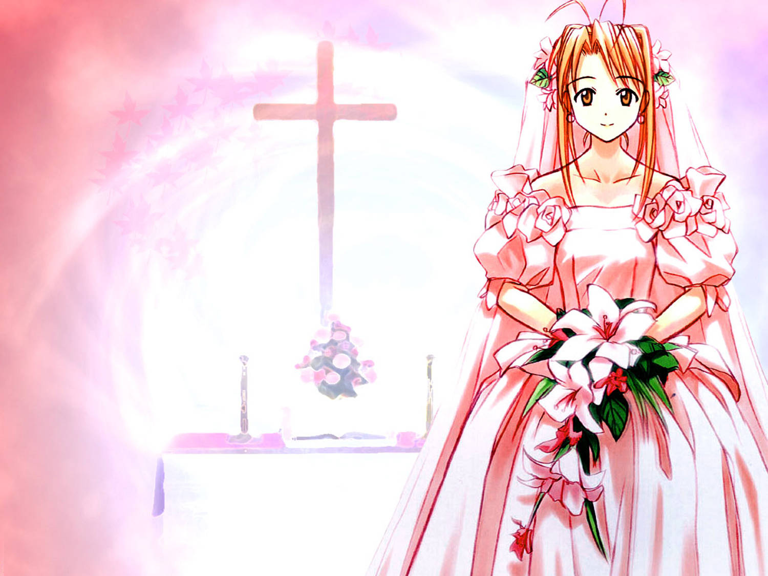 Hina 桌布 壁紙 — 一位年輕的動漫新娘穿著粉紅色花卉禮服，在柔和粉紅色調的教堂裡，在發光的十字架前捧著百合花。