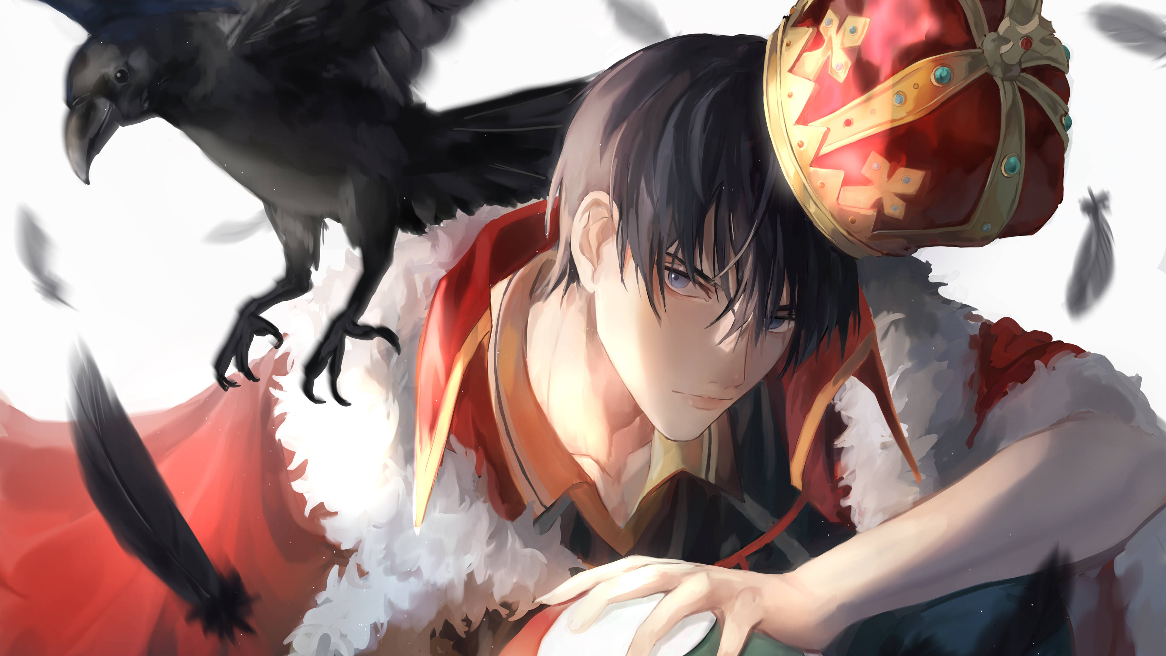 Kageyama 桌布 壁紙 — 一位年輕的動漫男子，深色頭髮，戴著紅色王冠和毛邊長袍，一隻黑色烏鴉棲息在他旁邊，背景是明亮的白色。