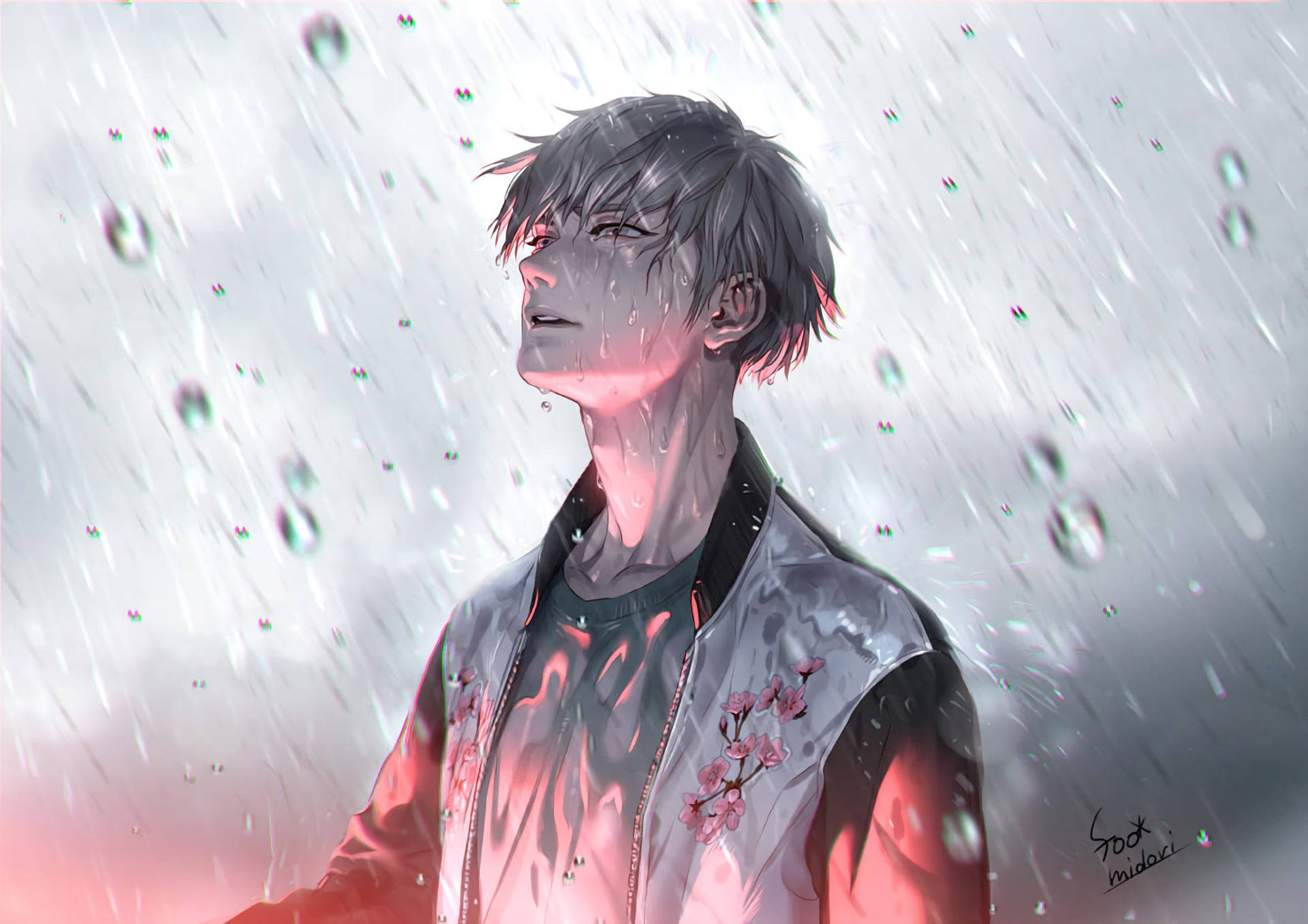動漫男孩 桌布 壁紙 — 一位年輕的動漫男子，灰髮，站在大雨中，水滴閃閃發光，粉紅色的櫻花點綴在他的外套上。