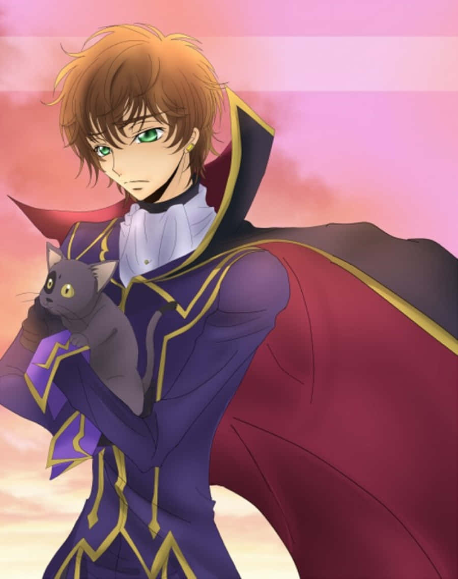 Suzaku Kururugi 桌布 壁紙 — 一位年輕的動漫男子，綠色眼睛和棕色頭髮，在柔和的粉紅色和橙色天空下抱著一隻灰色的貓。