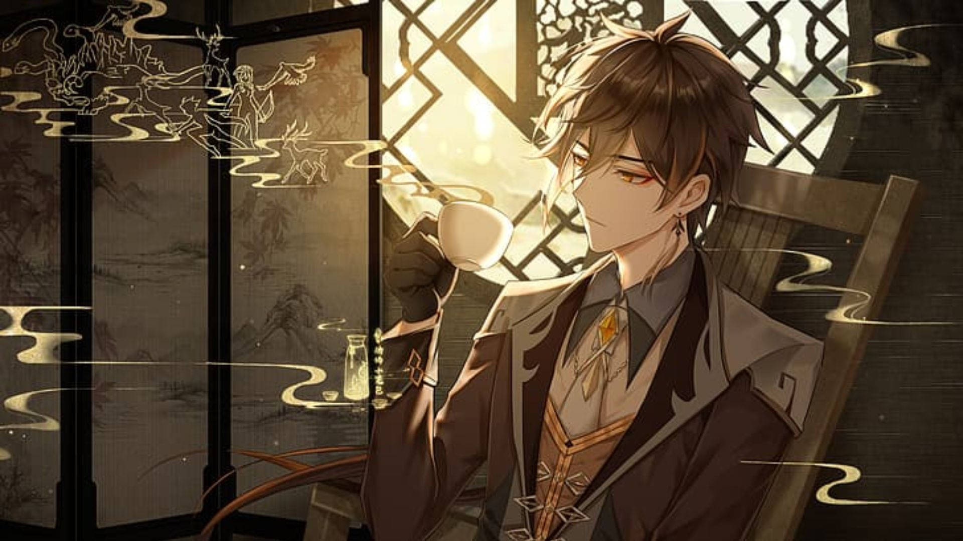 Aesthetic Anime Pfp 桌布 壁紙 — 一位年輕的動漫男子穿著細節豐富的外套，在窗邊啜飲茶，窗上有發光的金色圖案和漂浮的神話生物。