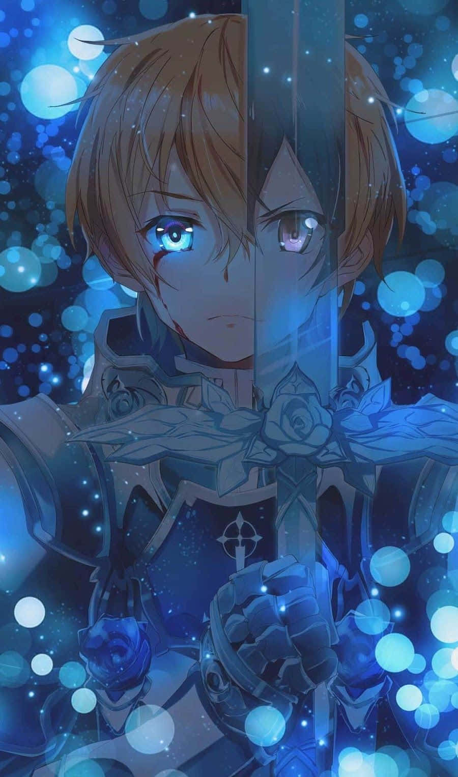 Sword Art Online Eugeo 桌布 壁紙 — 一位年輕的動漫騎士擁有雙色眼睛，手持發光劍，背景是閃爍的藍色散景。