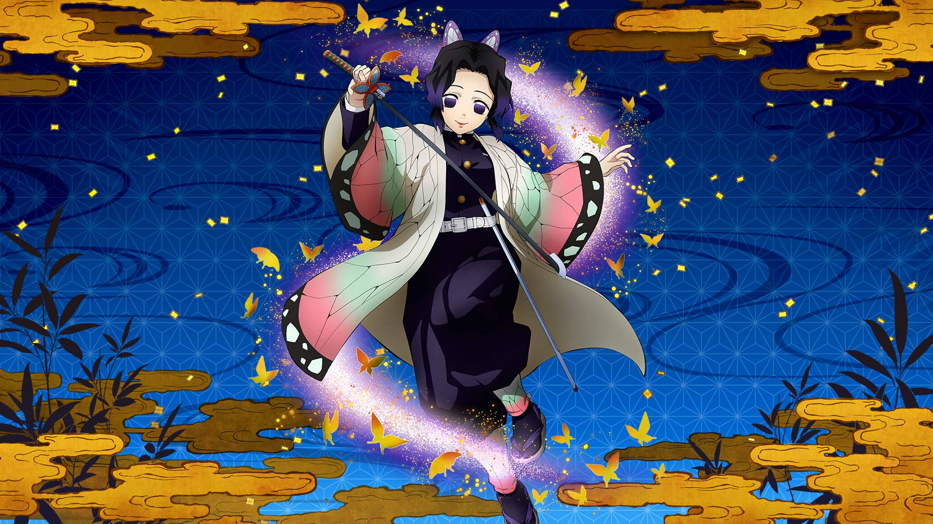 Shinobu 桌布 壁紙 — 一位年輕的動漫鬼殺隊士穿著蝴蝶翅膀羽織，在星光燦爛的夜空中跳躍，周圍環繞著發光的蝴蝶和金色雲朵。