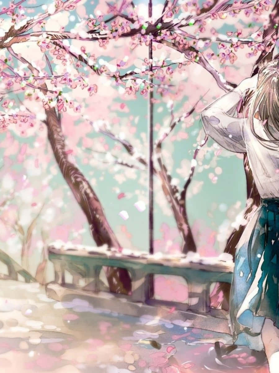 Sakura Anime 桌布 壁紙 — 一位年輕的動畫女孩站在盛開的櫻花樹下，粉紅色的花瓣在她周圍飄落。