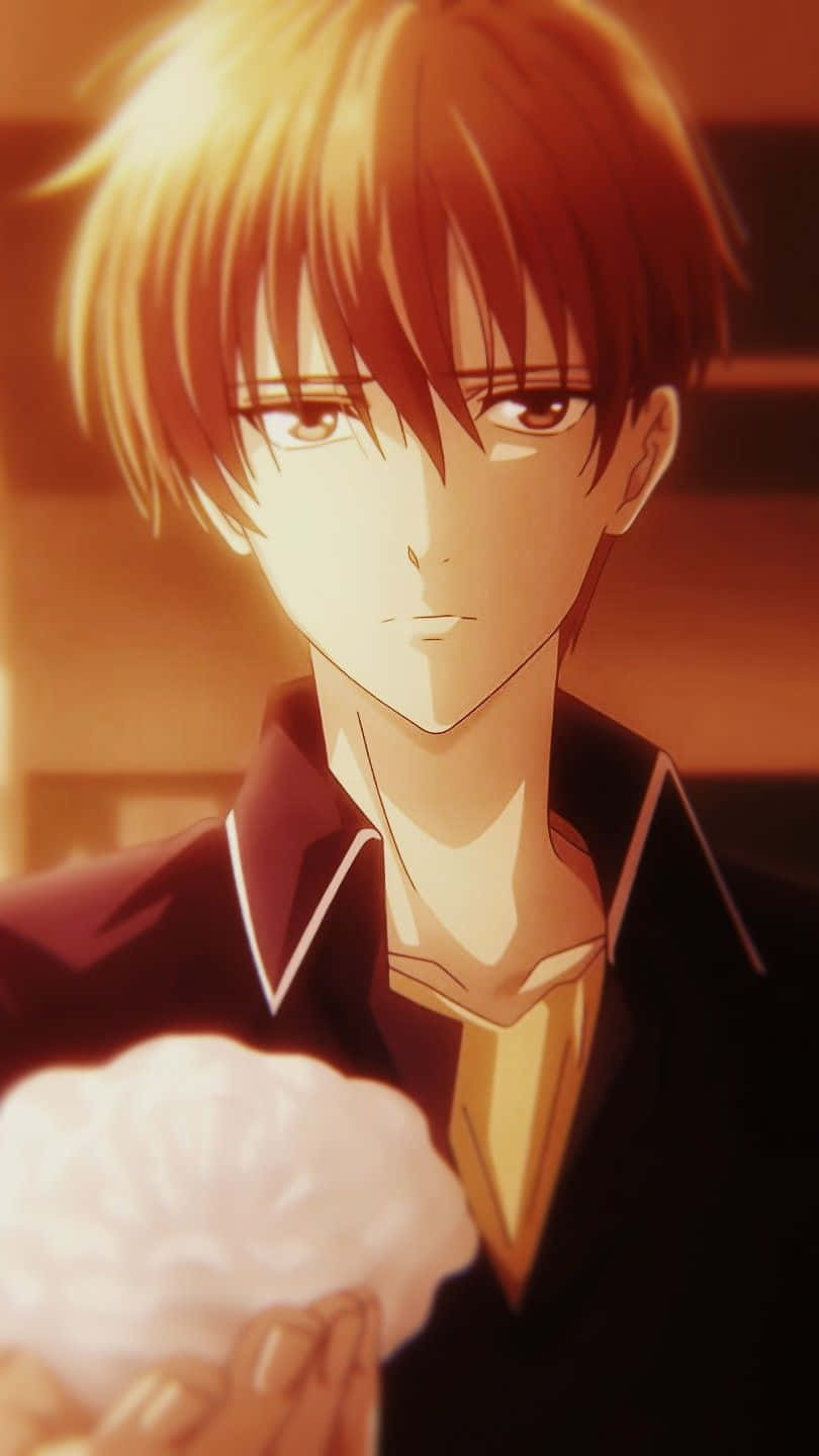 Kyo Sohma 桌布 壁紙 — 一位年輕的動畫男性，擁有火焰般的頭髮，在溫暖的金色燈光下手持發光球體。