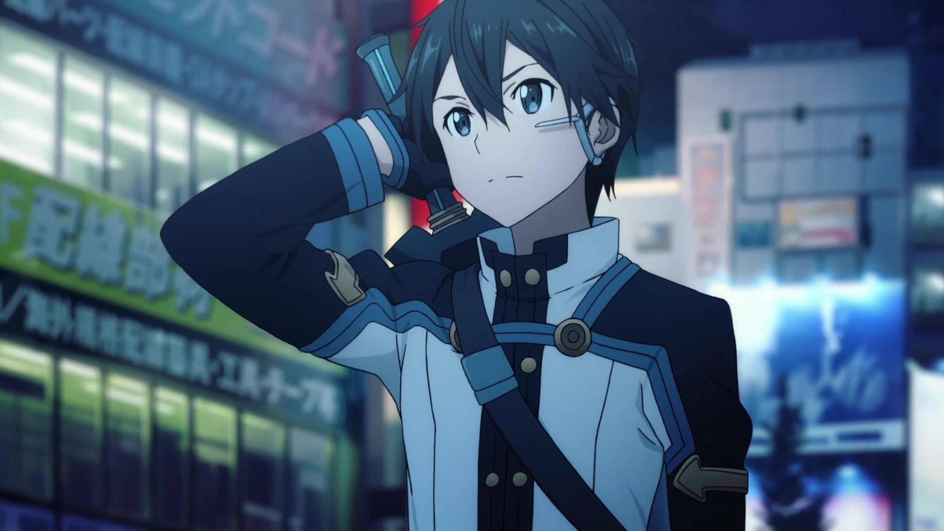 Kirito 桌布 壁紙 — 一位年輕的動畫男性，藍眼睛黑頭髮，站在霓虹燈照亮的城市夜景中，肩上扛著一把劍。