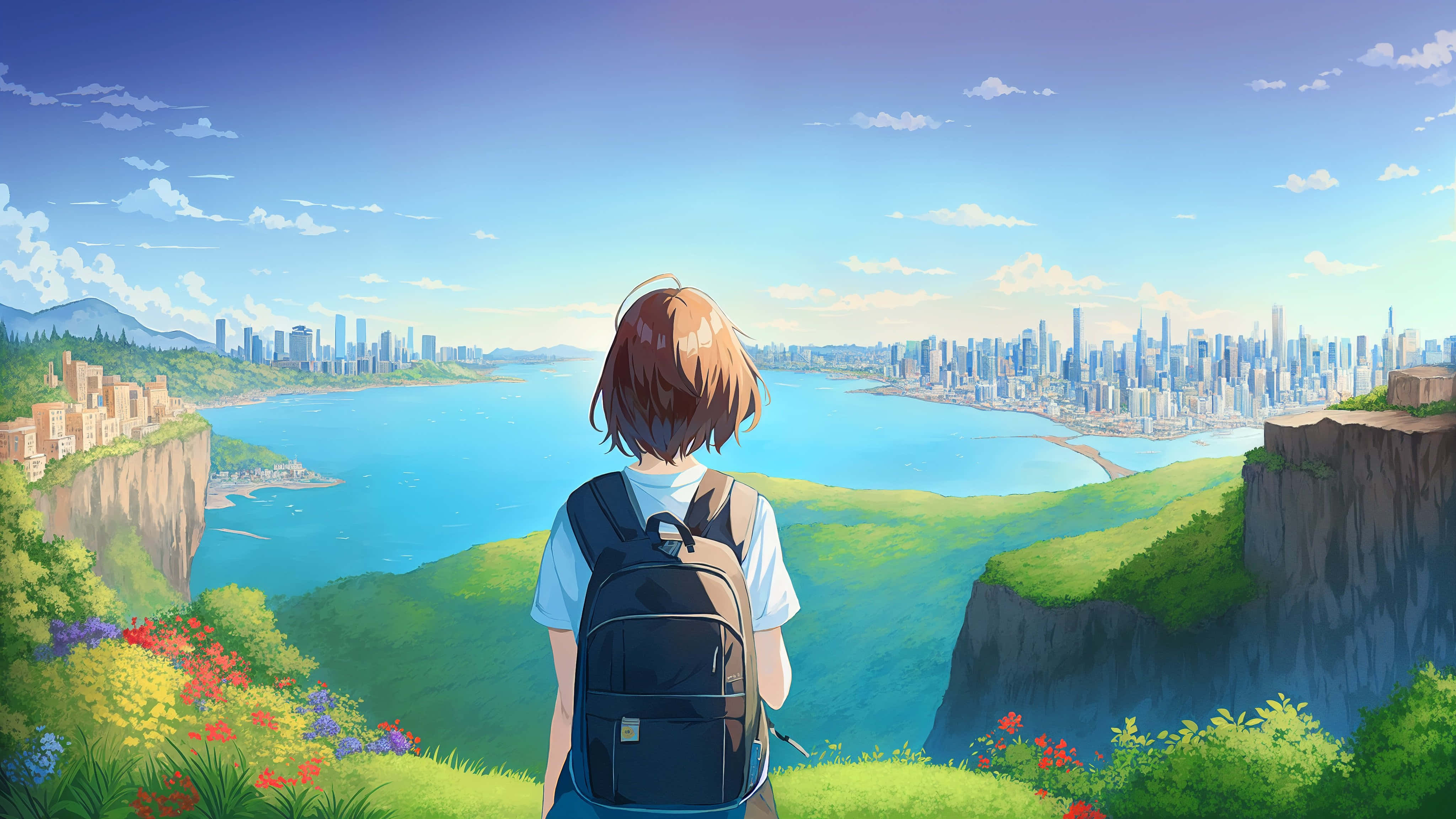 90s Anime 桌布 壁紙 — 一位年輕的旅行者背著背包，站在懸崖上，俯瞰著晴朗藍天下充滿活力的沿海城市景觀。