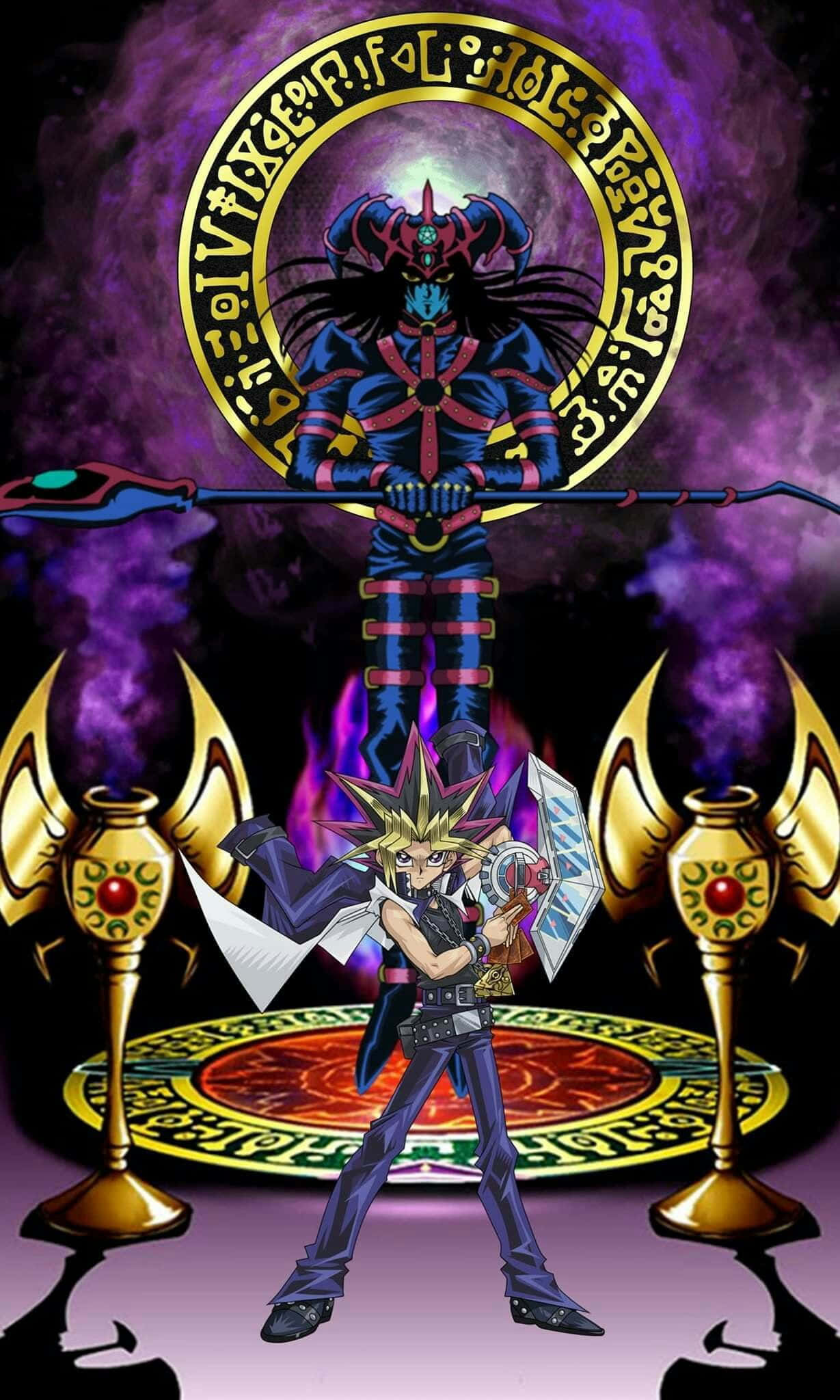 Yami Yugi 桌布 壁紙 — 一位年輕的決鬥者站在一個高聳的黑暗法師面前，周圍環繞著發光的符文和金色的儀式物品。