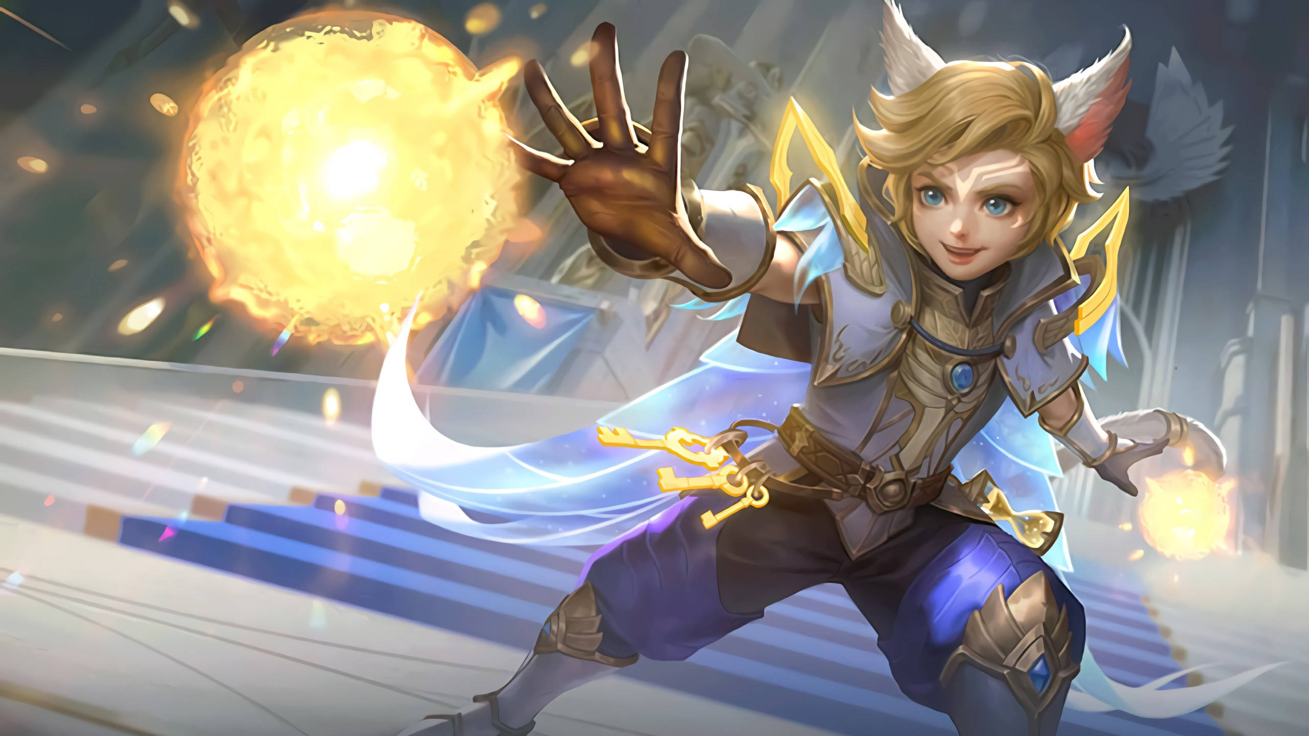 Mobile Legends 動態圖 桌布 壁紙 — 一位年輕的狐耳法師身穿盔甲，引導著一個熾熱的金色球體，身後拖曳著發光的藍色能量。