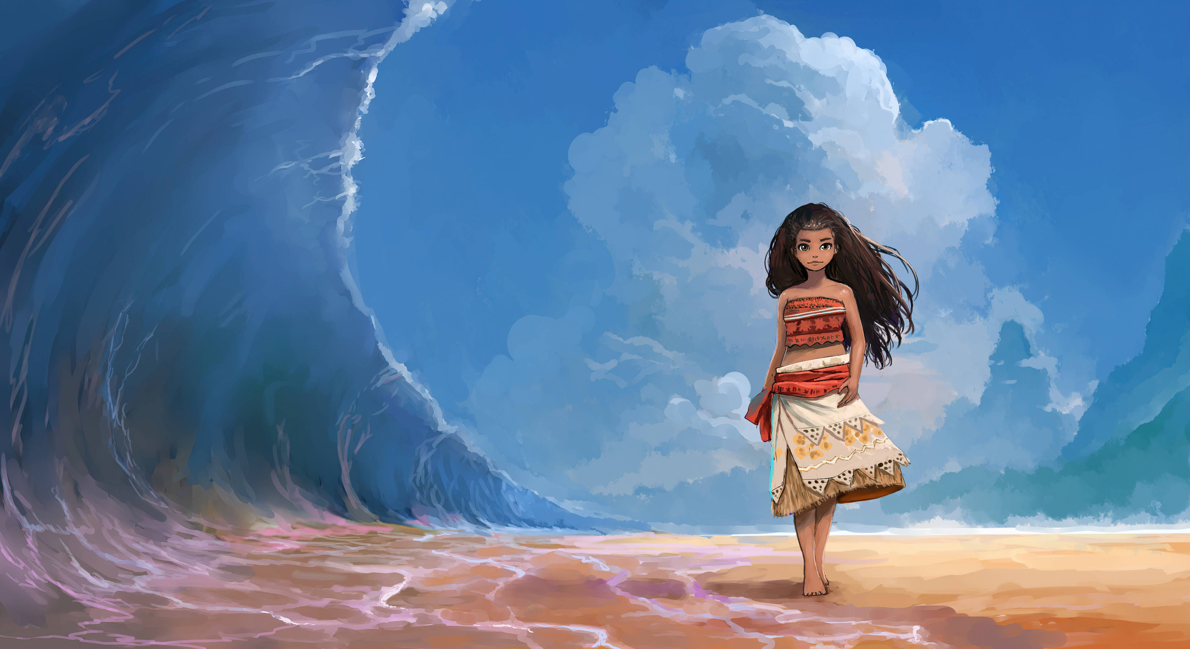 Moana 桌布 壁紙 — 一位年輕的玻里尼西亞女孩自信地站在沙灘上，身後巨大的海浪在明亮的藍天下翻捲。