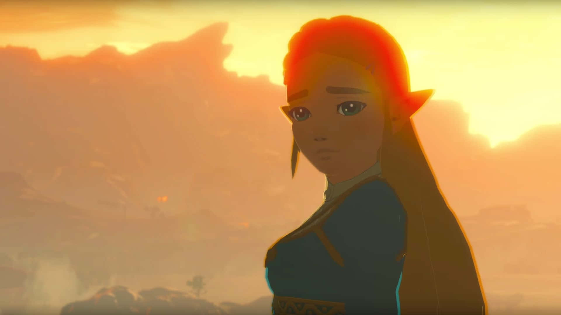 Breath Of The Wild 桌布 壁紙 — 一位年輕的精靈女性，長著深色長髮，側面站在發光的橙色日落天空和柔軟的雲朵前。