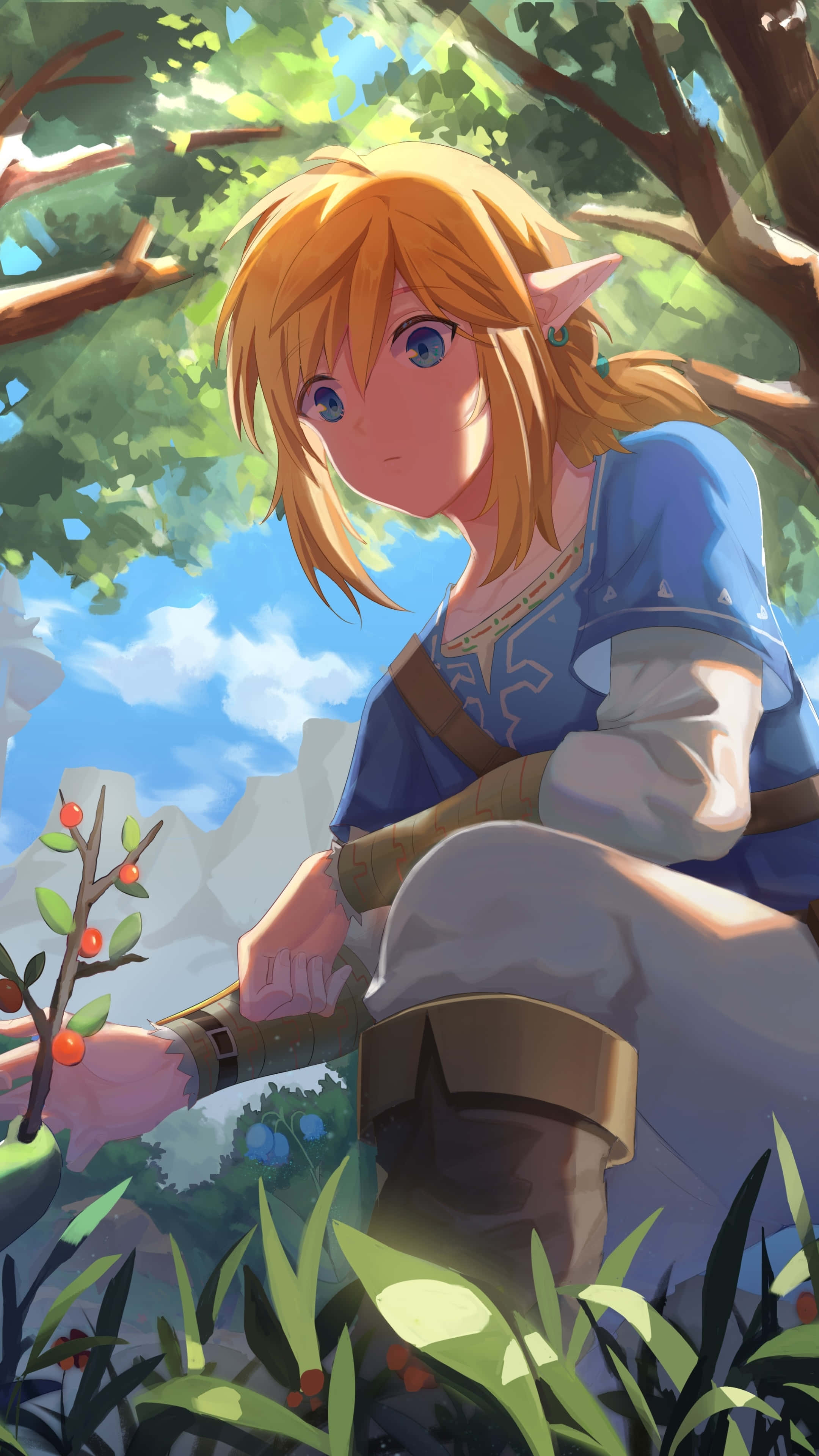 Zelda Phone 桌布 壁紙 — 一位年輕的精靈戰士，金髮藍眼，坐在陽光明媚的森林中，手持一根帶有紅色漿果的樹枝。