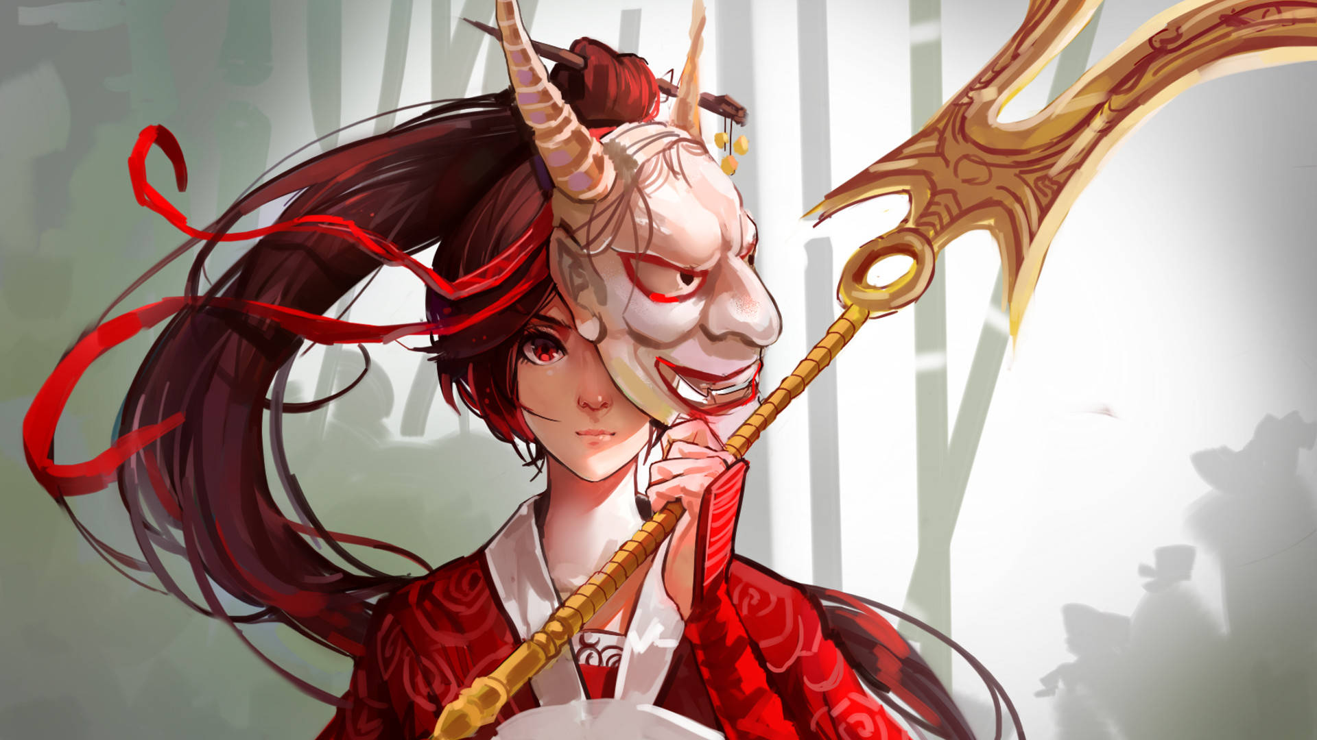 Oni 桌布 壁紙 — 一位年輕的紅髮動漫戰士，手持惡魔面具和華麗武器，背景是霧氣瀰漫的竹林。
