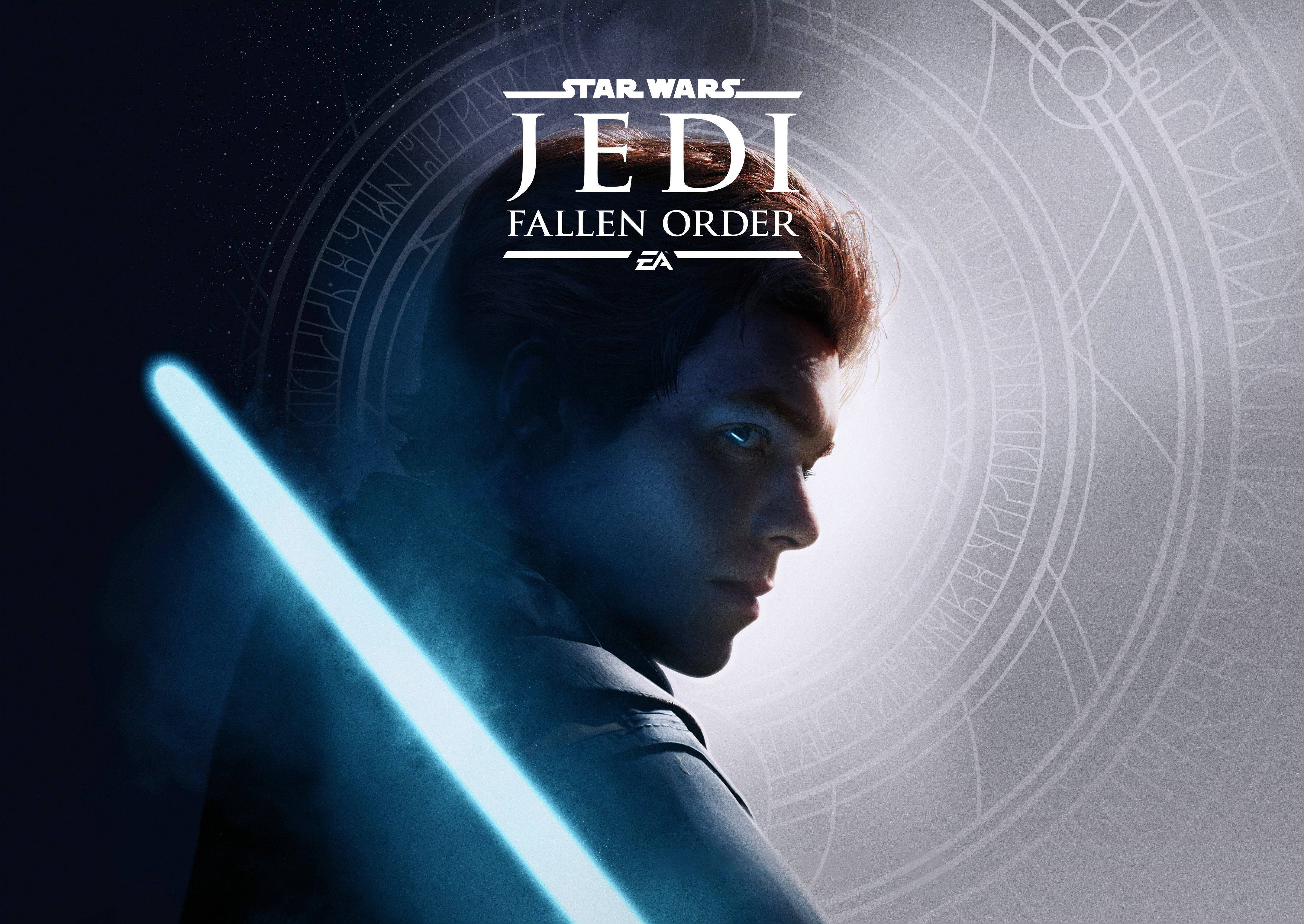 Jedi 桌布 壁紙 — 一位年輕的絕地武士手持發光的藍色光劍，以戲劇性的側面輪廓站在神秘的圓形符號背景前。