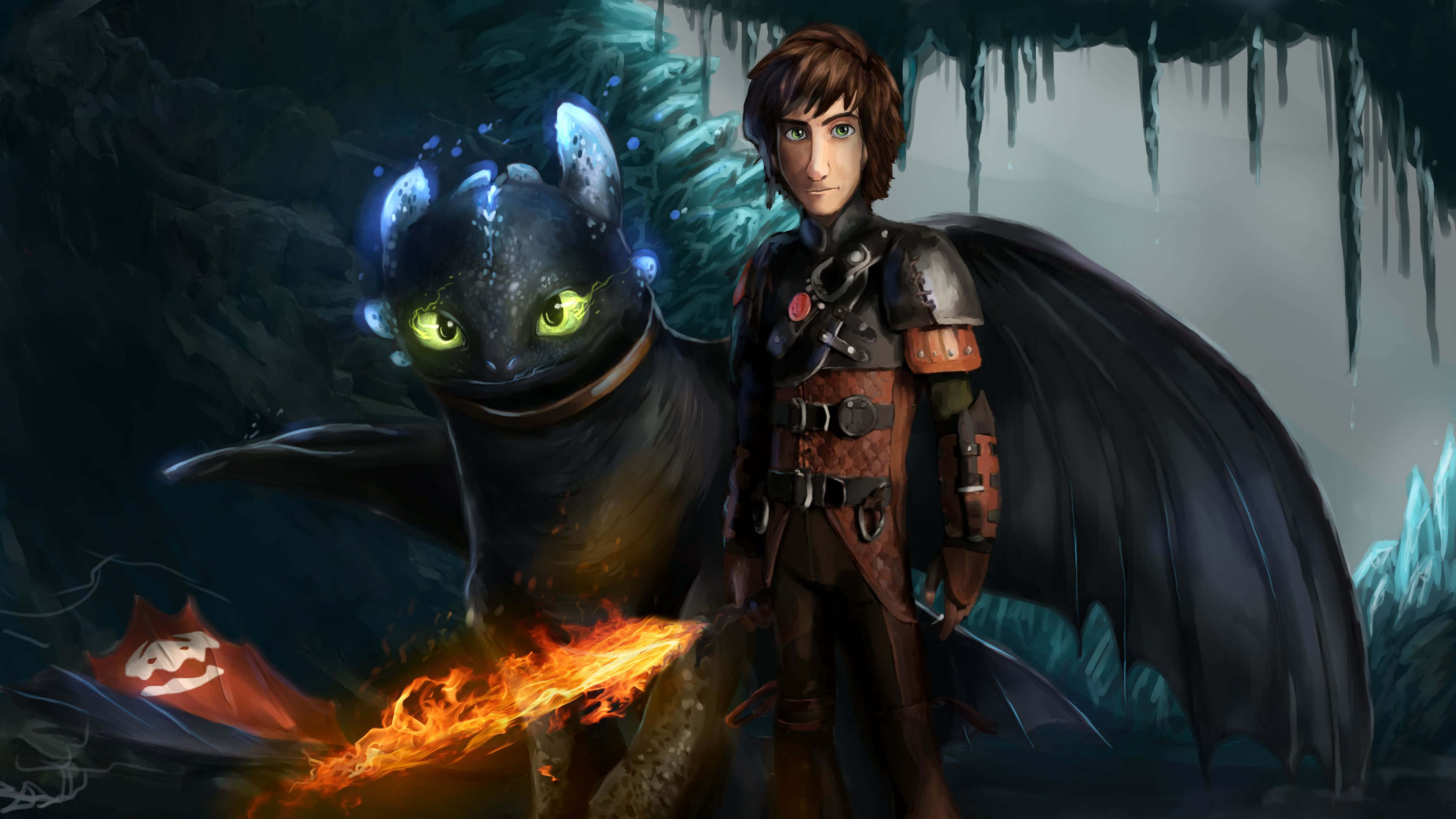 How To Train Your Dragon 4K 桌布 壁紙 — 一位年輕的維京戰士站在他擁有發光綠色眼睛的黑龍旁邊，身處黑暗冰冷的洞穴中。