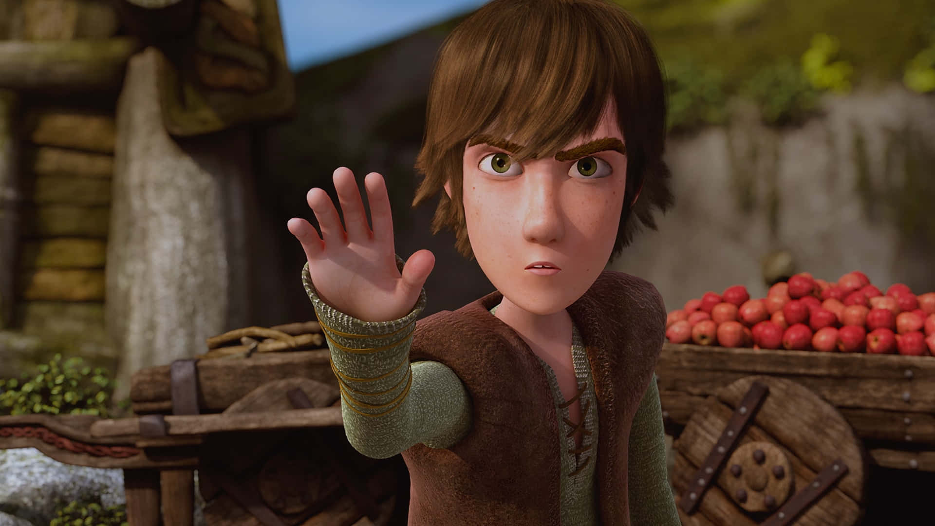 Animated 桌布 壁紙 — 一位年輕的維京男孩，棕色頭髮和綠色眼睛，在裝滿紅蘋果的木製手推車附近舉起手做出停止手勢。