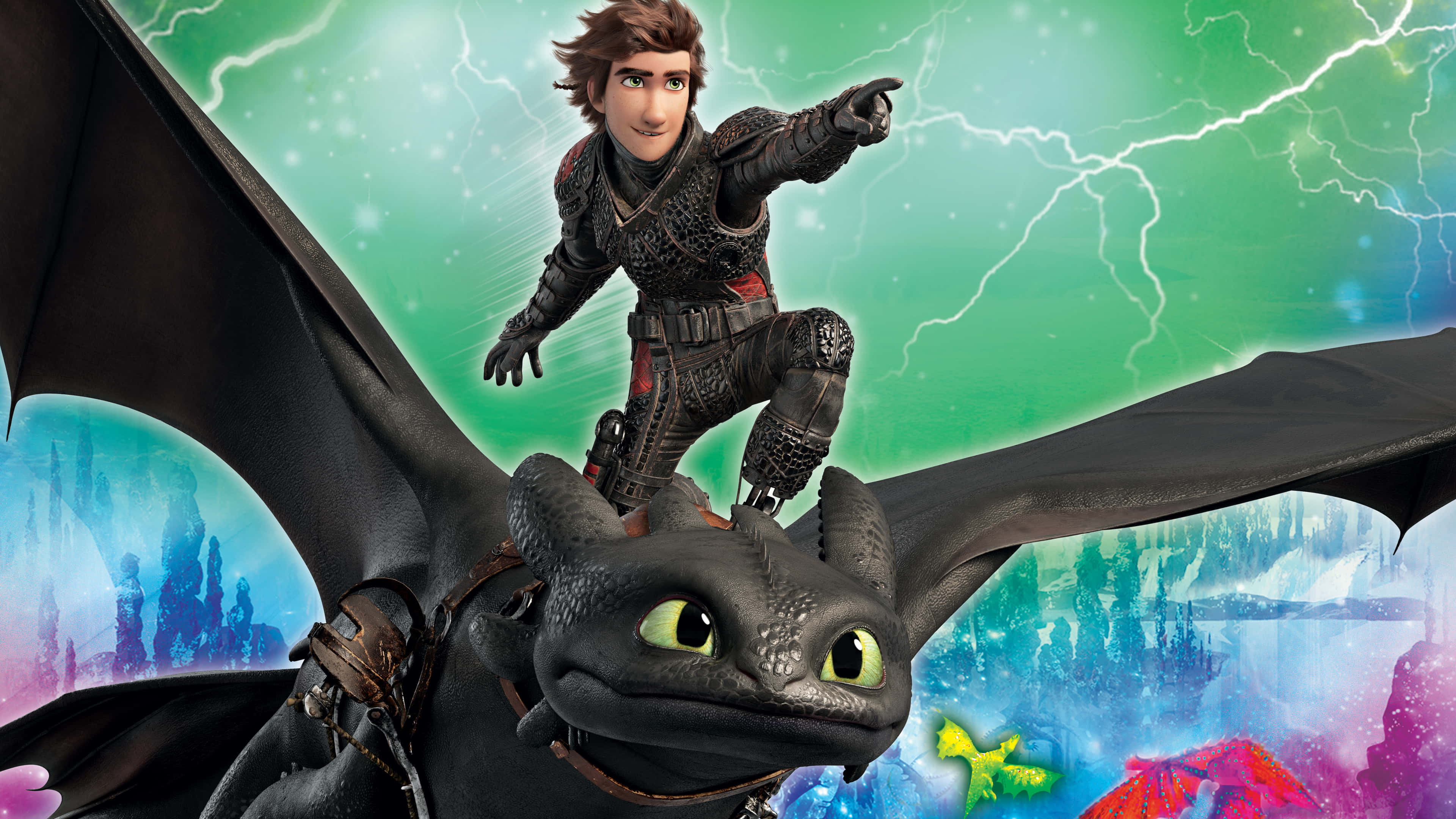 How To Train Your Dragon 4K 桌布 壁紙 — 一位年輕的維京騎手自信地棲息在一條黑色巨龍上，巨龍翱翔於閃電交織的鮮豔天空。