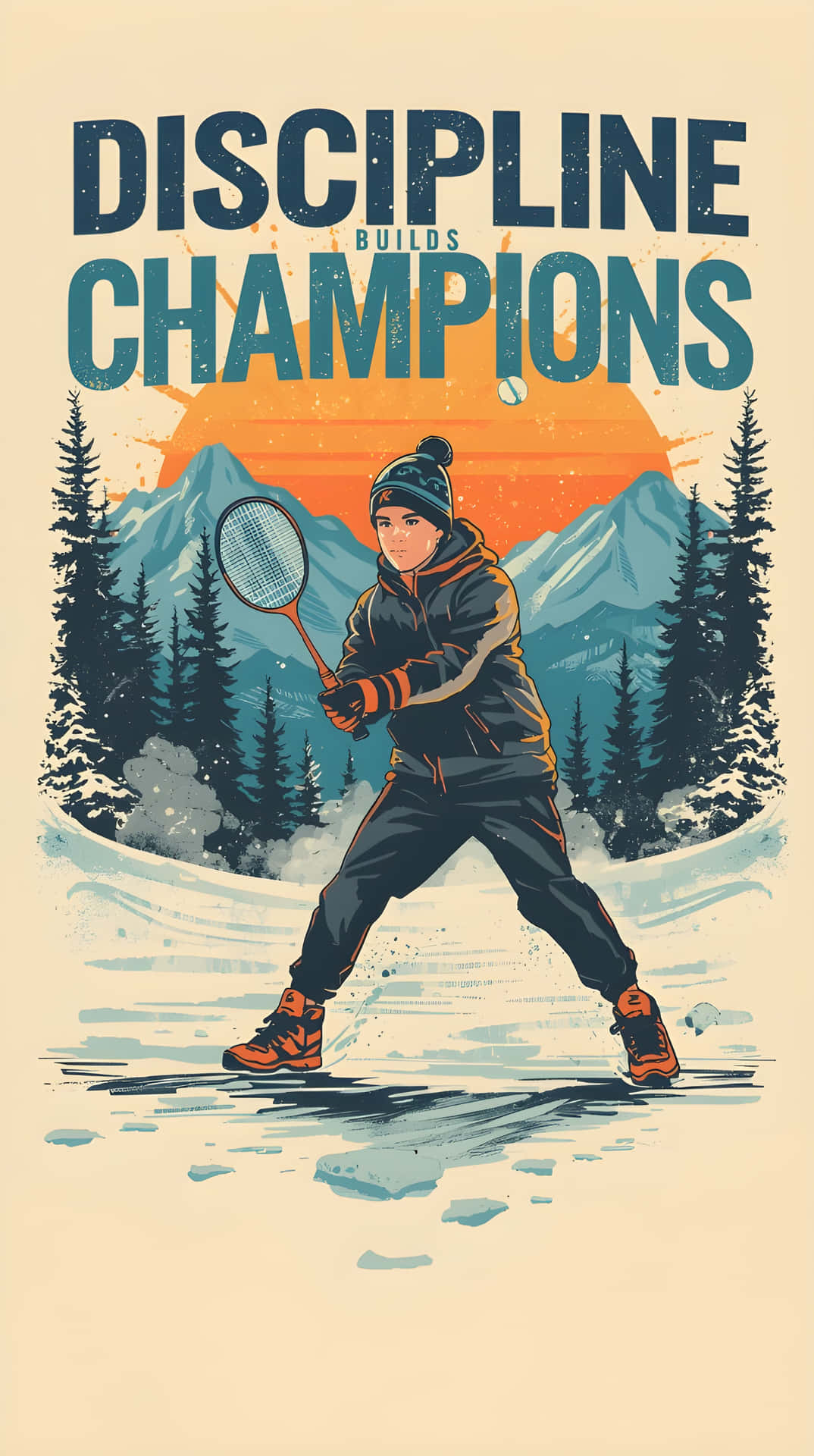 Motivational Sport Quote 壁紙 — 一位年輕的網球運動員穿著冬季裝備，在日落天空下，以雪山為背景揮動球拍，並帶有文字「紀律造就冠軍」。