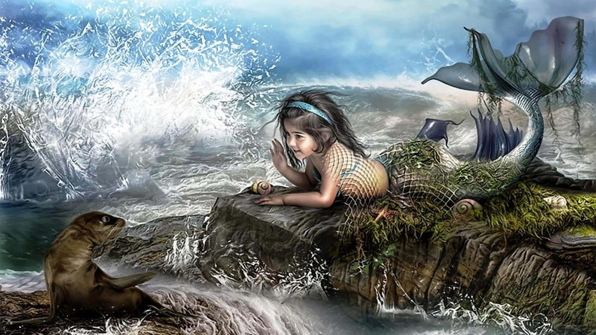 美人魚 桌布 壁紙 — 一位年輕的美人魚，尾巴長滿苔蘚，在岩石海岸上休息，身後波浪拍打，一隻海豹從下方好奇地觀看。
