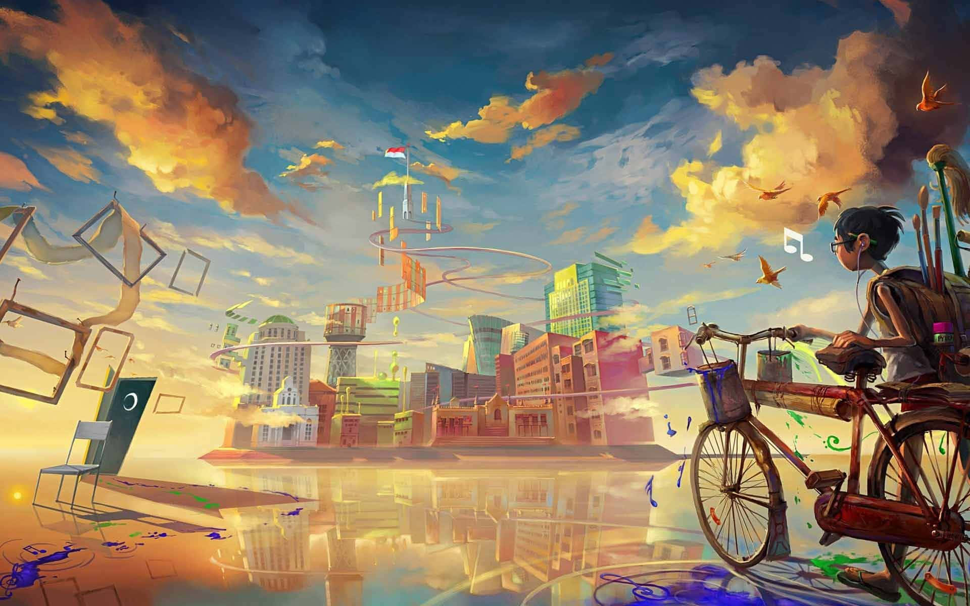 動漫藝術GIF 桌布 壁紙 — 一位年輕的自行車手在日落時分騎行穿過超現實的城市景觀，漂浮的家具和音符在充滿活力的天空中旋轉。