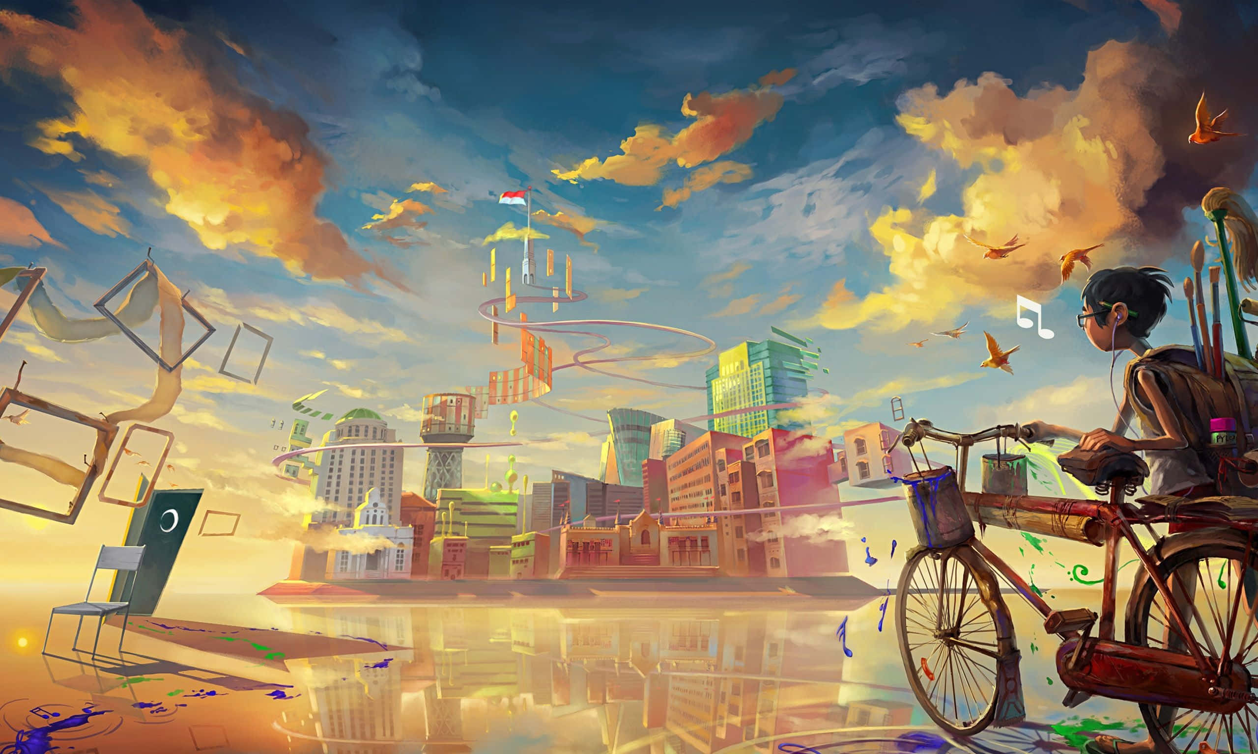 Alone Boy 桌布 壁紙 — 一位年輕的自行車騎士在日落時分穿過超現實的浮動城市景觀，周圍有鮮豔的雲彩和旋轉的音樂符號。