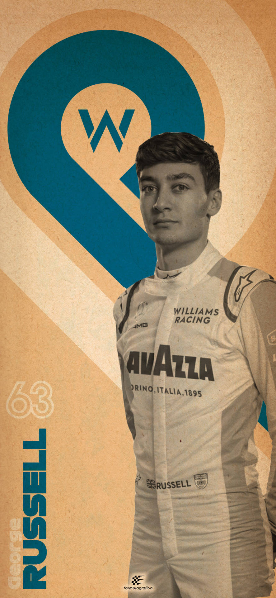 george russell 桌布 壁紙 — 一位年輕的賽車手穿著威廉斯車隊賽車服，自信地站在一個帶有大型「W」標誌的風格化青綠色和米色背景前。