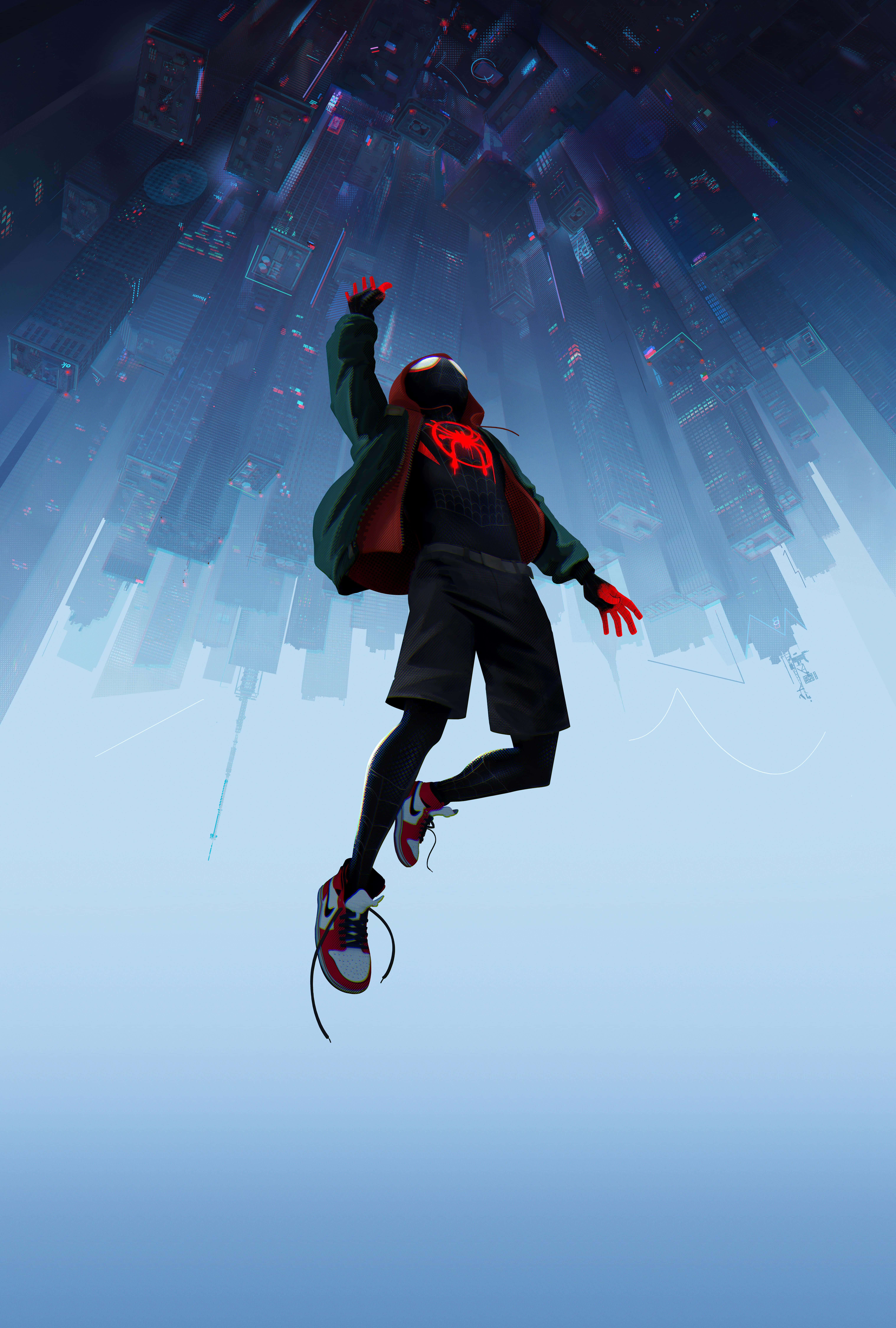 Miles Morales iPhone 桌布 壁紙 — 一位年輕的超級英雄穿著紅色蜘蛛標誌外套，跳過充滿發光霓虹燈的未來城市景觀。