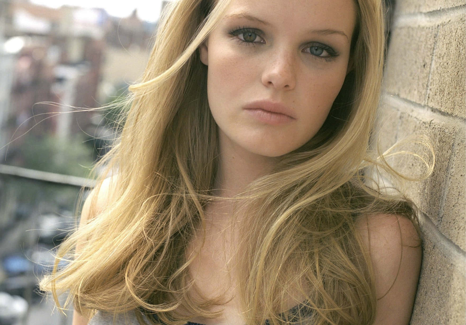 Kate Bosworth 桌布 壁紙 — 一位年輕的長金髮女性靠在磚牆上，直視鏡頭，表情嚴肅。
