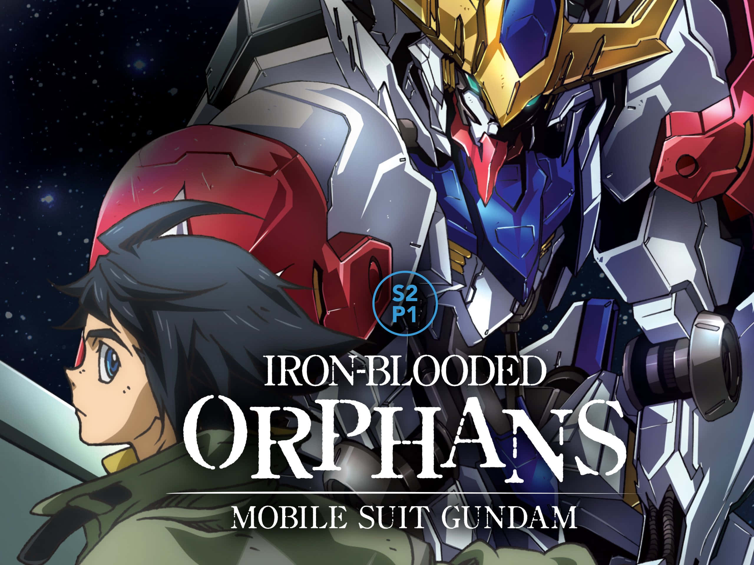 Mobile Suit Gundam Iron-blooded Orphans 桌布 壁紙 — 一位年輕的飛行員仰望星空下高聳的紅白藍色機動戰士。