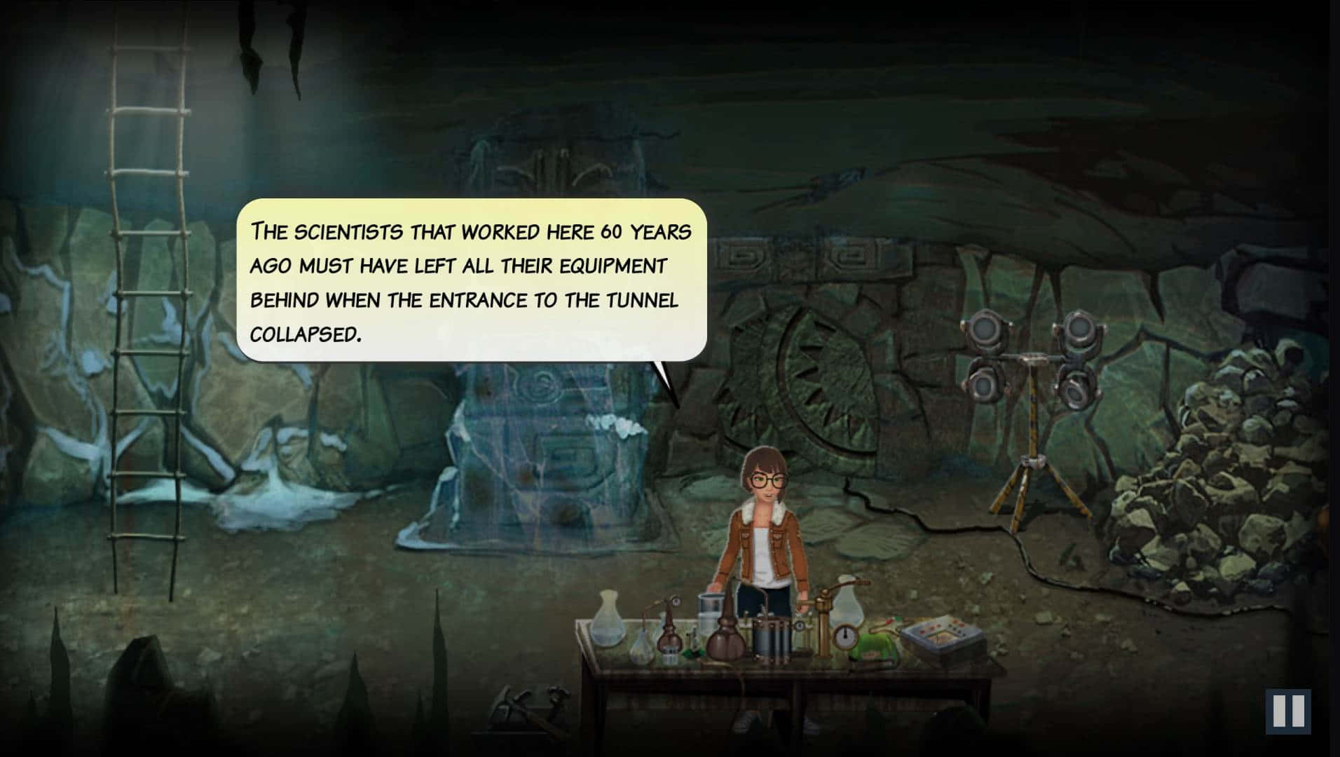 Adventure Games 桌布 壁紙 — 一位年輕科學家在昏暗的洞穴實驗室中，檢查發光機器旁邊的設備，以及一條通往上面的梯子。