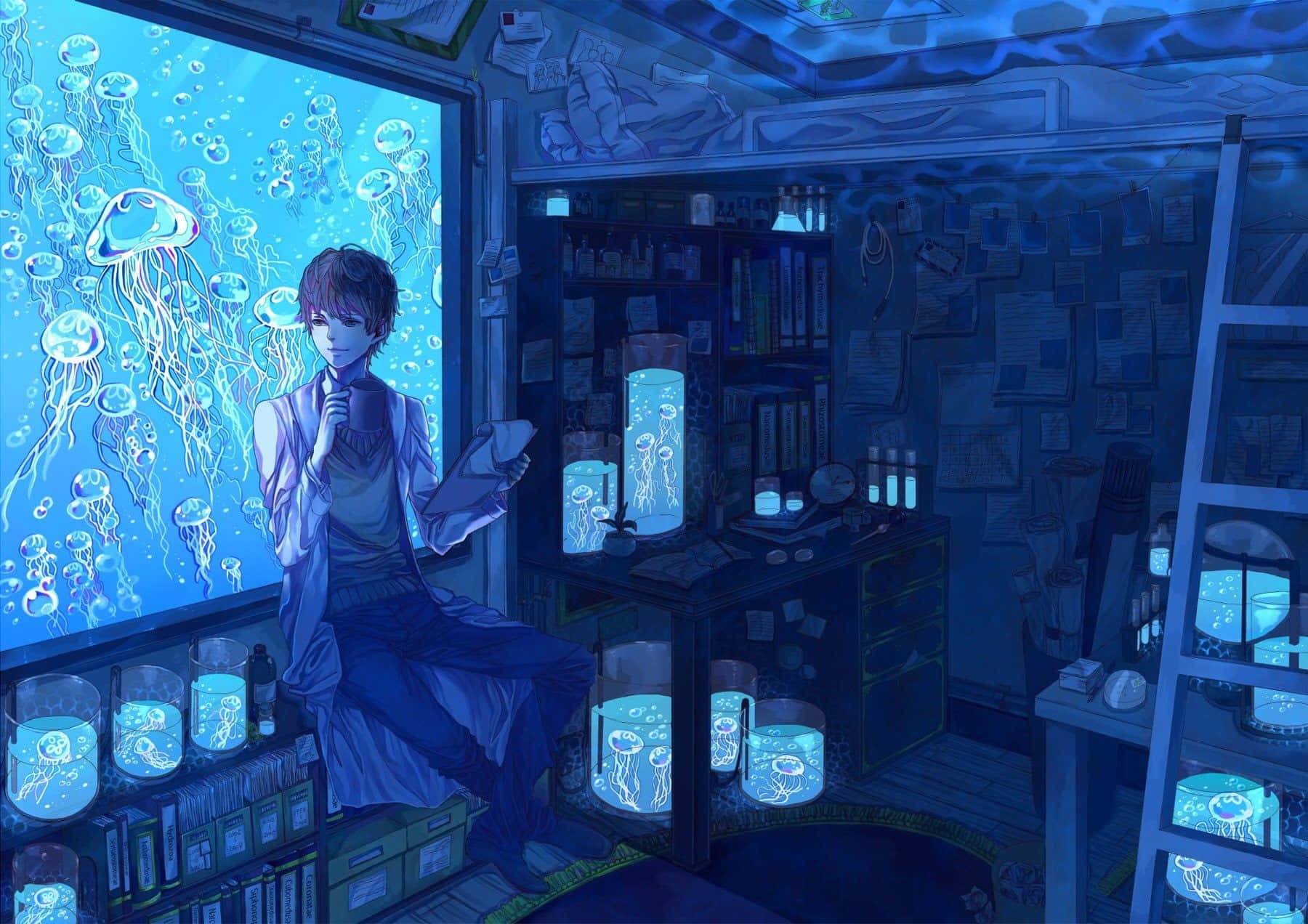 Aquarium 桌布 壁紙 — 一位年輕科學家在藍色燈光的實驗室中，被水箱中的發光水母和一個大型水族箱窗戶包圍。