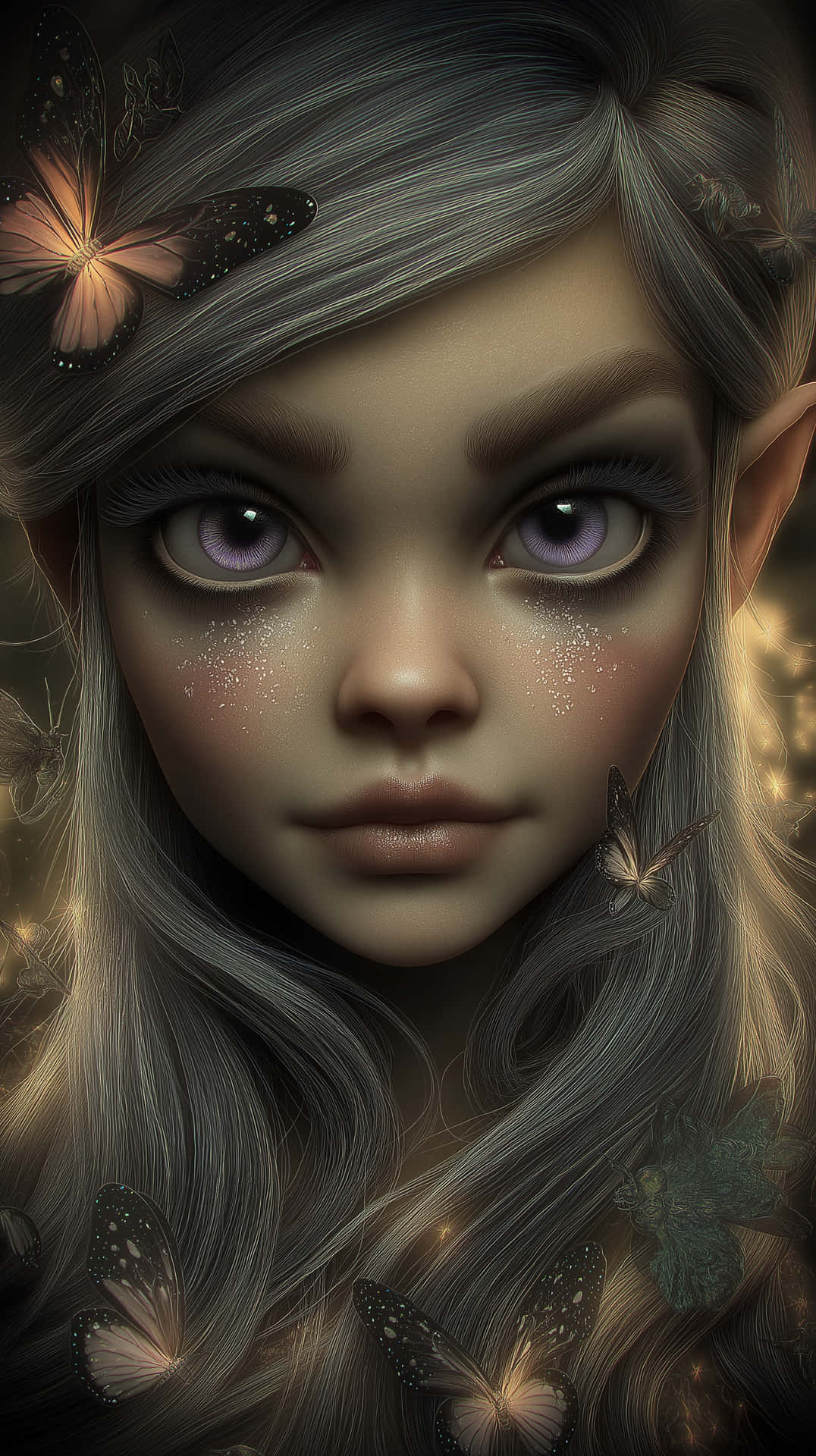 Fantasy Elf with Butterflies and Glowing Hair 壁紙 — 一位年輕精靈的近距離肖像，銀色頭髮和紫色眼睛，被發光的蝴蝶包圍。