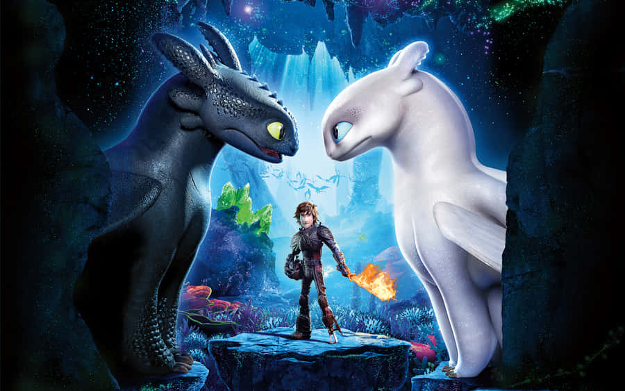 How To Train Your Dragon 4K 桌布 壁紙 — 一位年輕維京人站在發光洞穴中的兩條龍之間，一條是黃眼睛的黑龍，另一條是藍眼睛的白龍。