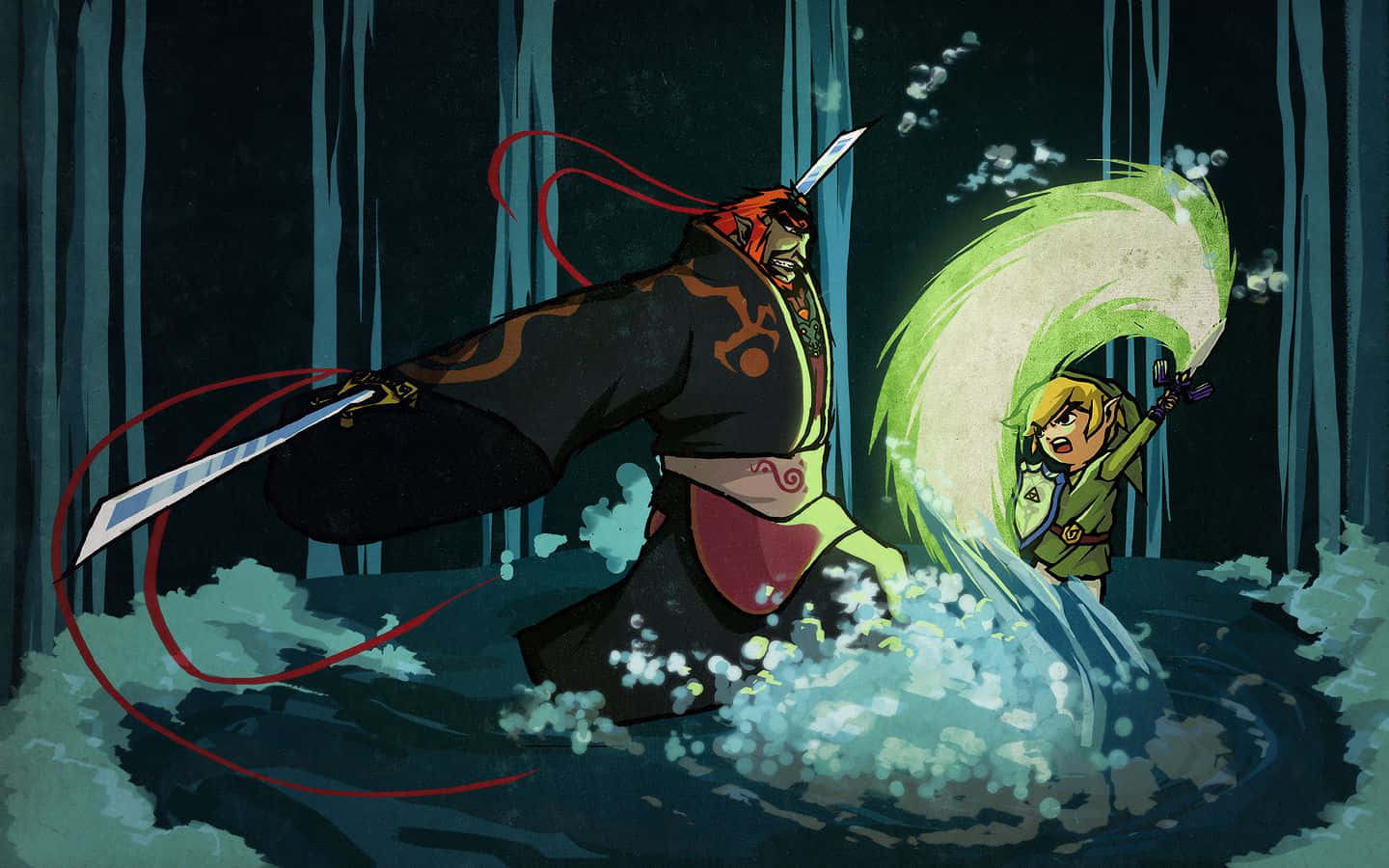 The Legend Of Zelda The Wind Waker 桌布 壁紙 — 一位年輕英雄在迷霧森林戰鬥中揮舞發光的綠色劍對抗深紅髮戰士。