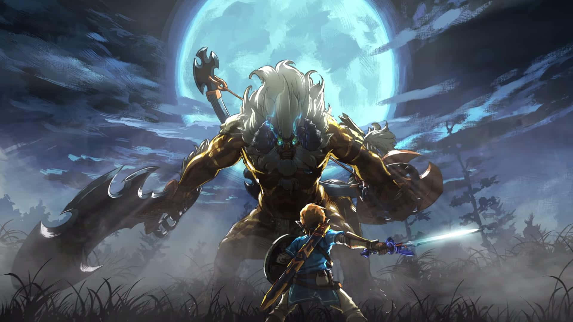 Breath Of The Wild 桌布 壁紙 — 一位年輕英雄在霧氣瀰漫的森林中，在發光的藍月下，面對一個高聳的裝甲怪物。