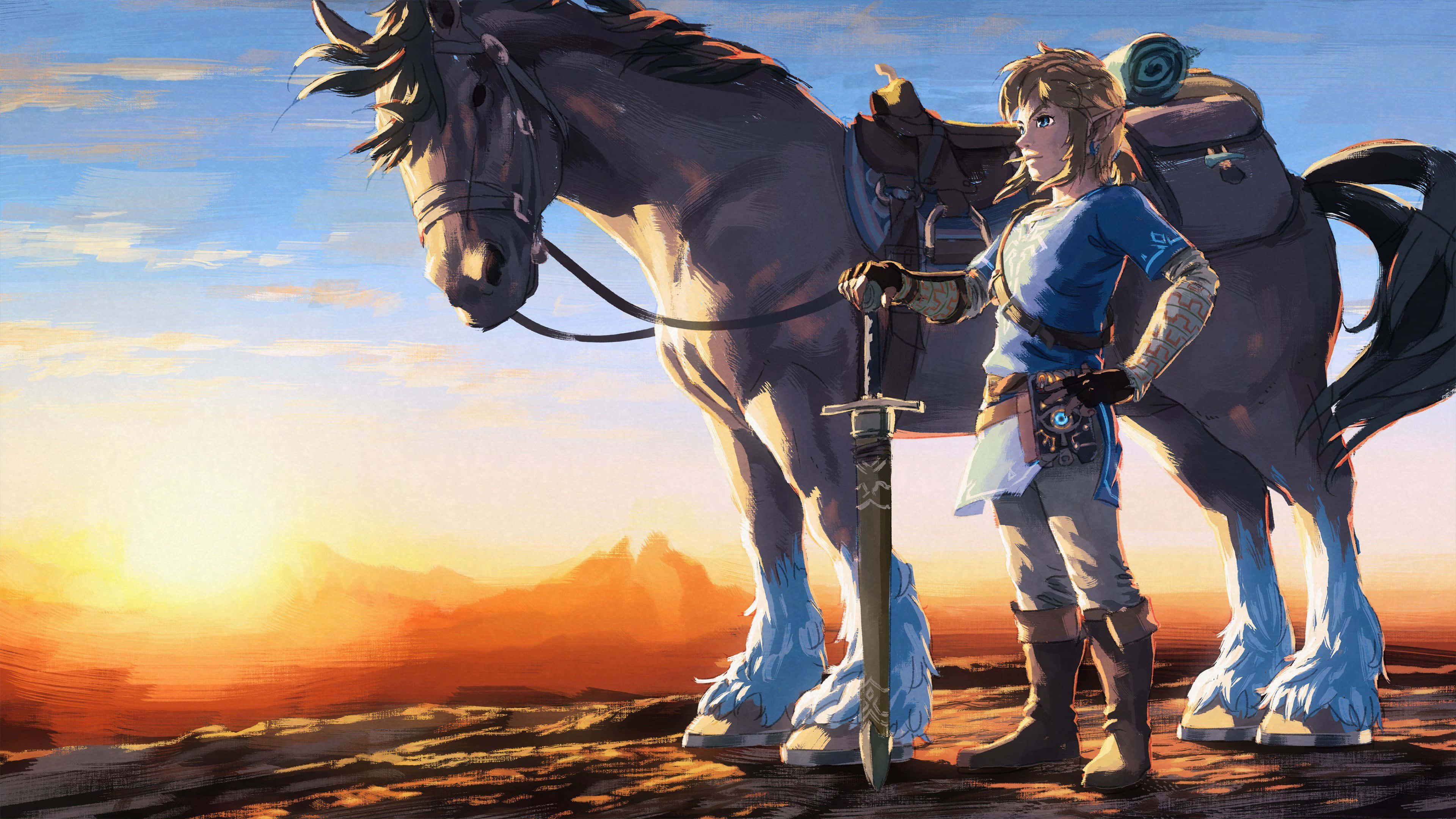 Breath Of The Wild 桌布 壁紙 — 一位年輕英雄站在一匹雄偉的馬旁邊，手持劍，背景是遠山之上充滿活力的日落。