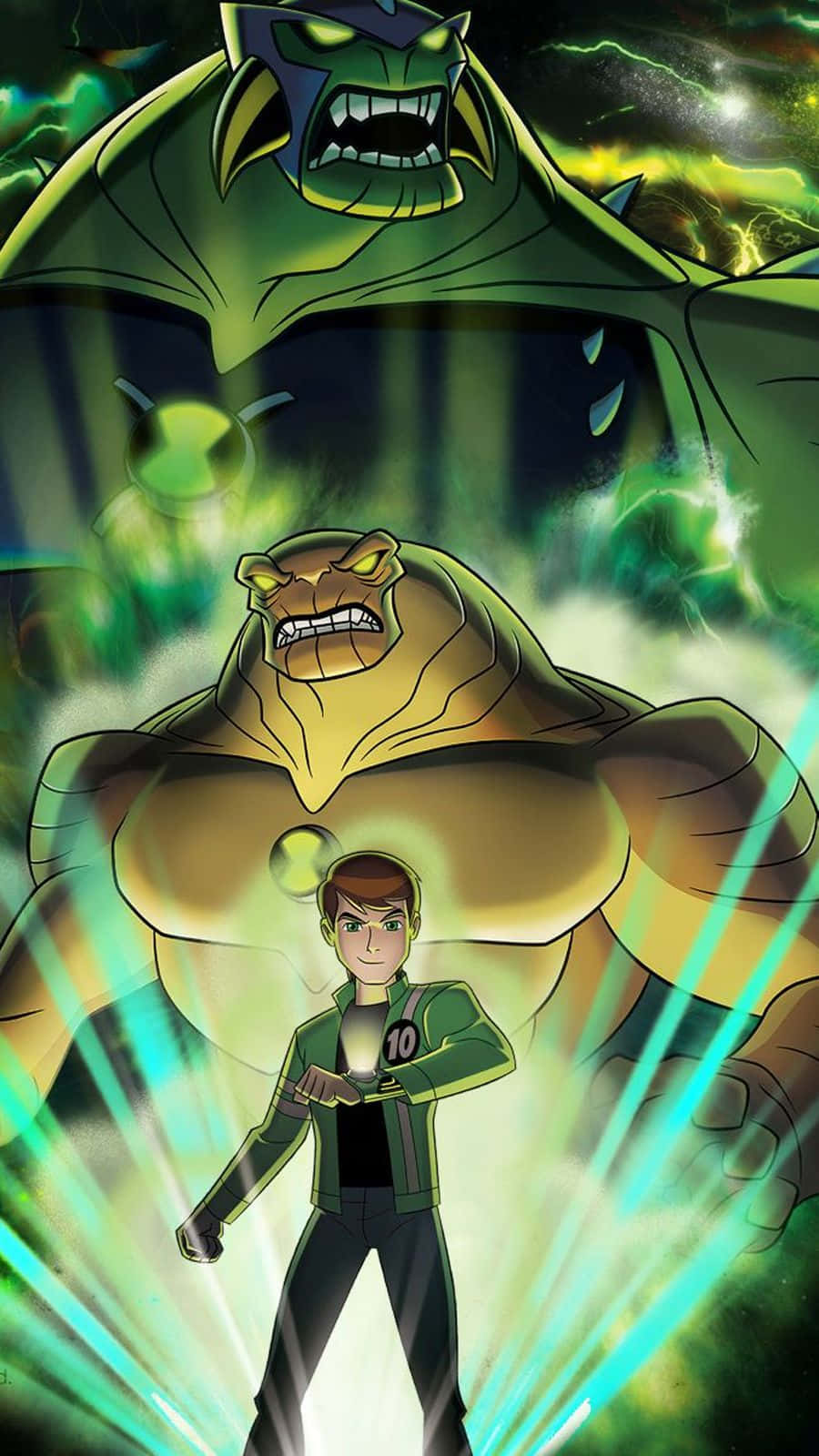 Ben 10 桌布 壁紙 — 一位年輕英雄自信地站在兩個散發電能的巨大綠色外星怪物面前，背景是黑暗的宇宙場景。