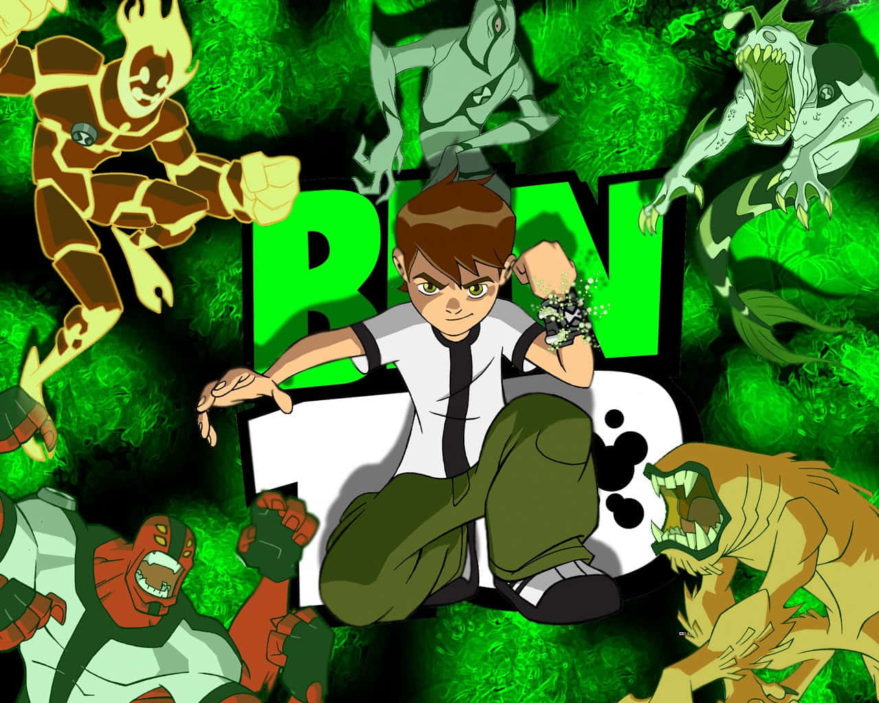Ben 10 桌布 壁紙 — 一位年輕英雄被他的外星形態包圍，背景是發光的綠色，帶有粗體標題文字。