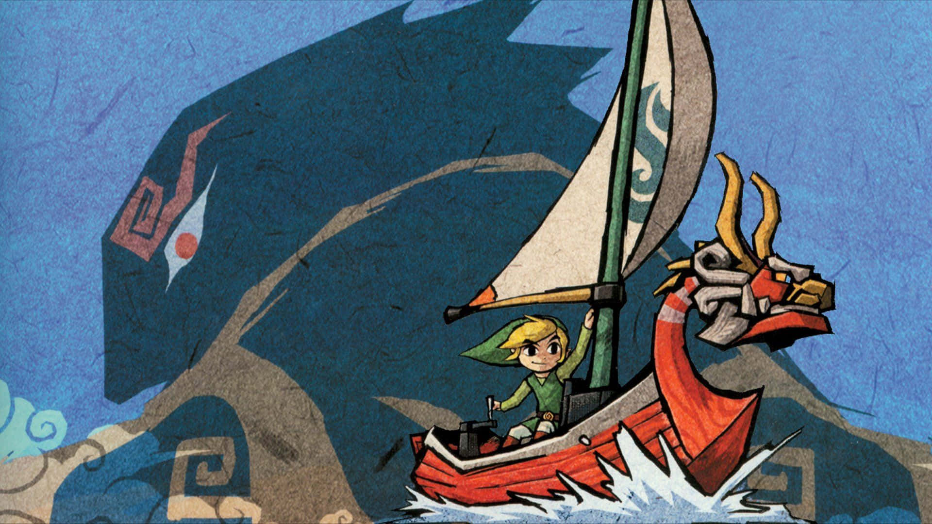The Legend Of Zelda The Wind Waker 桌布 壁紙 — 一位年輕英雄駕駛一艘紅色龍頭船，掛著白帆，在藍色水域上航行，下方有巨大陰影生物。