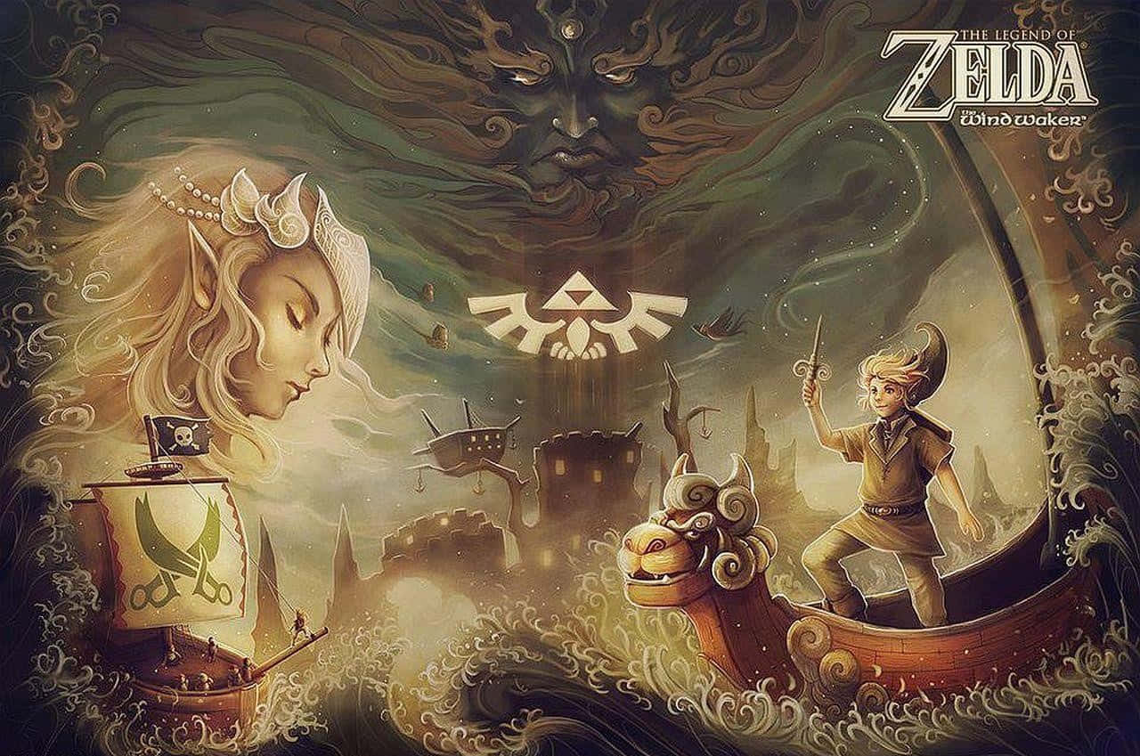 The Legend Of Zelda The Wind Waker 桌布 壁紙 — 一位年輕英雄駕駛龍頭船，在風暴肆虐的海面上，朝著一個巨大的面孔航行，上方閃耀著三角力量標誌。