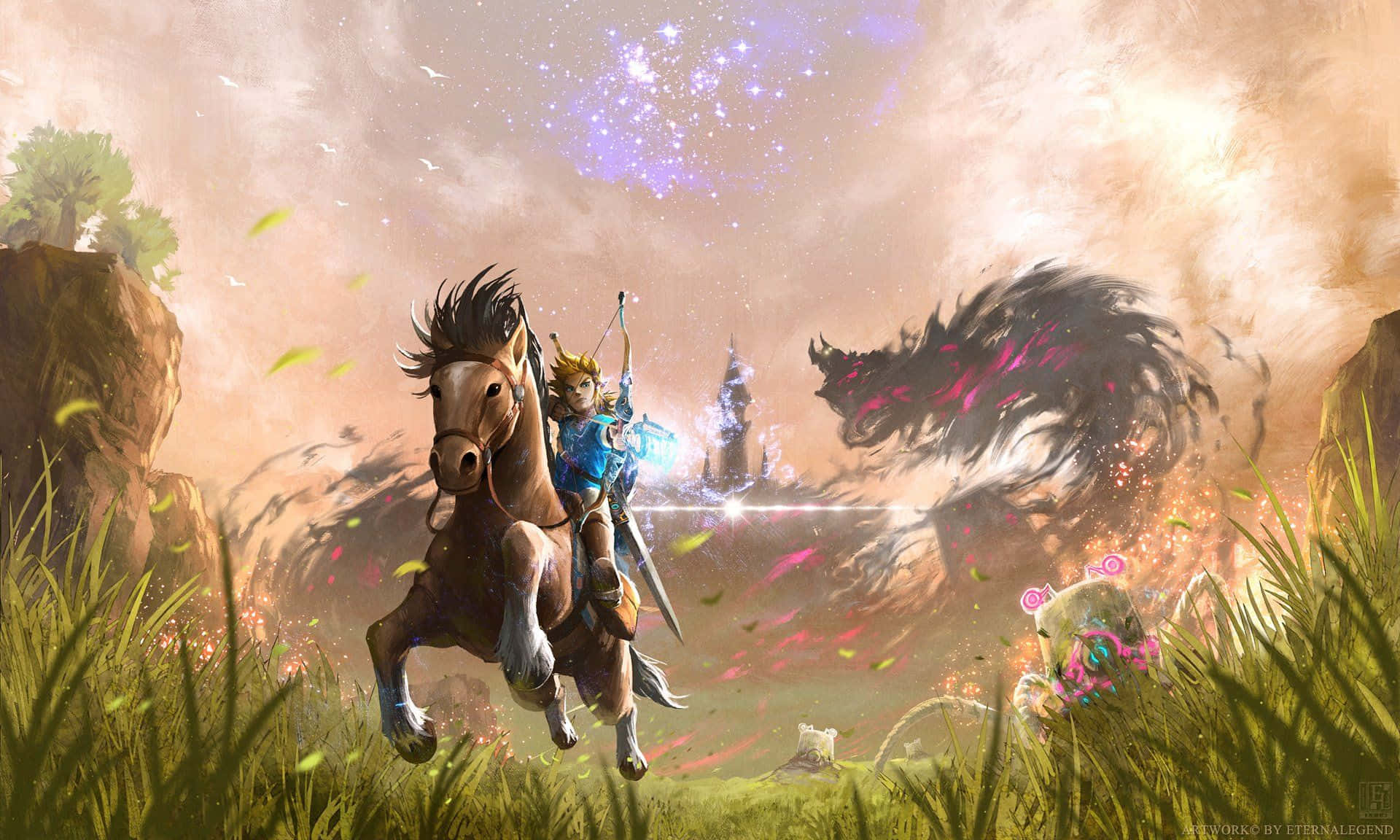 Breath Of The Wild 桌布 壁紙 — 一位年輕英雄騎著奔騰的馬穿過草地，在星光燦爛的暮色天空下面對一條巨大的黑暗巨龍。