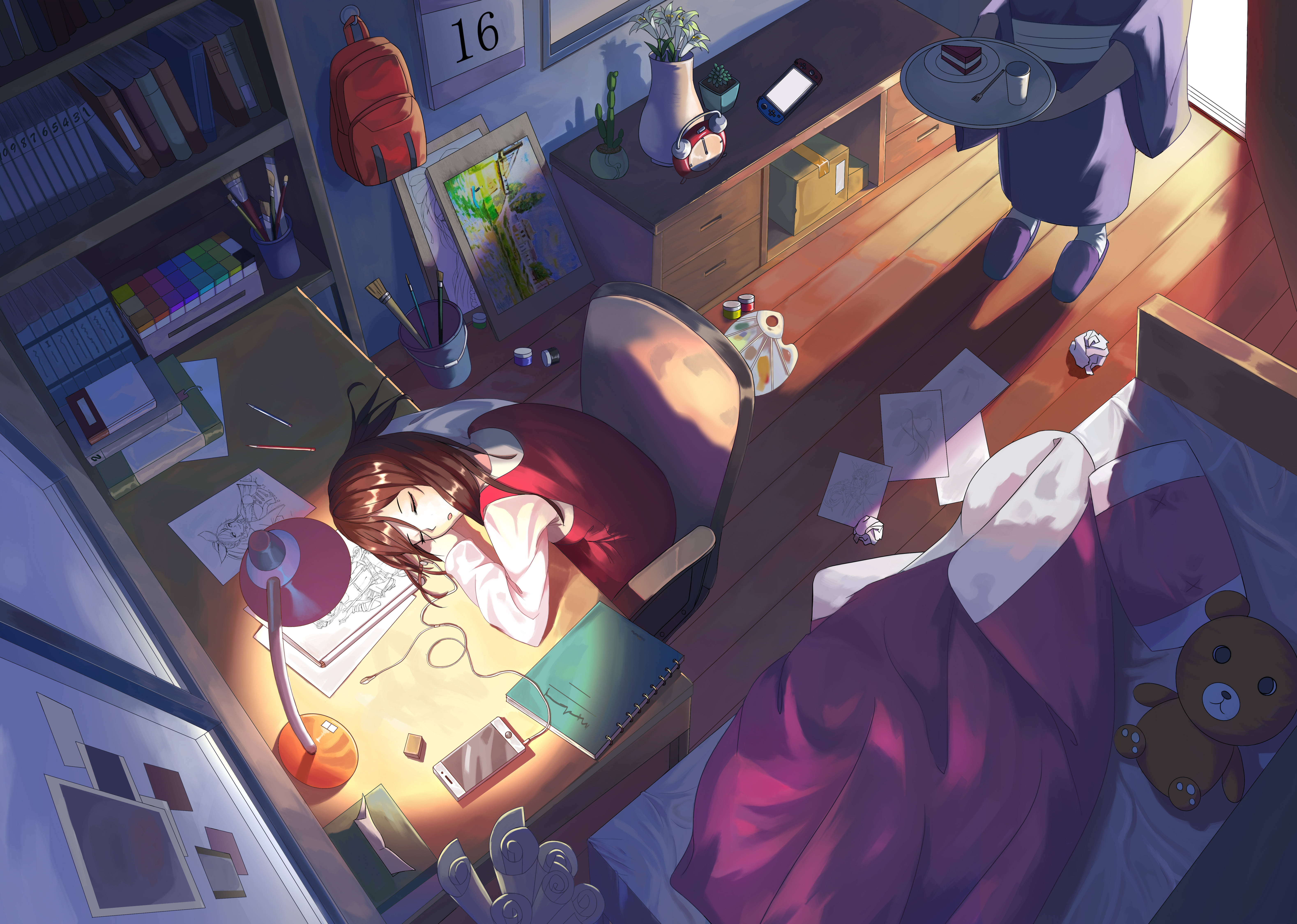 Bedroom 桌布 壁紙 — 一位年輕藝術家在她凌亂的書桌上睡著，溫暖的陽光透過窗戶照進來，照亮了她舒適的臥室。