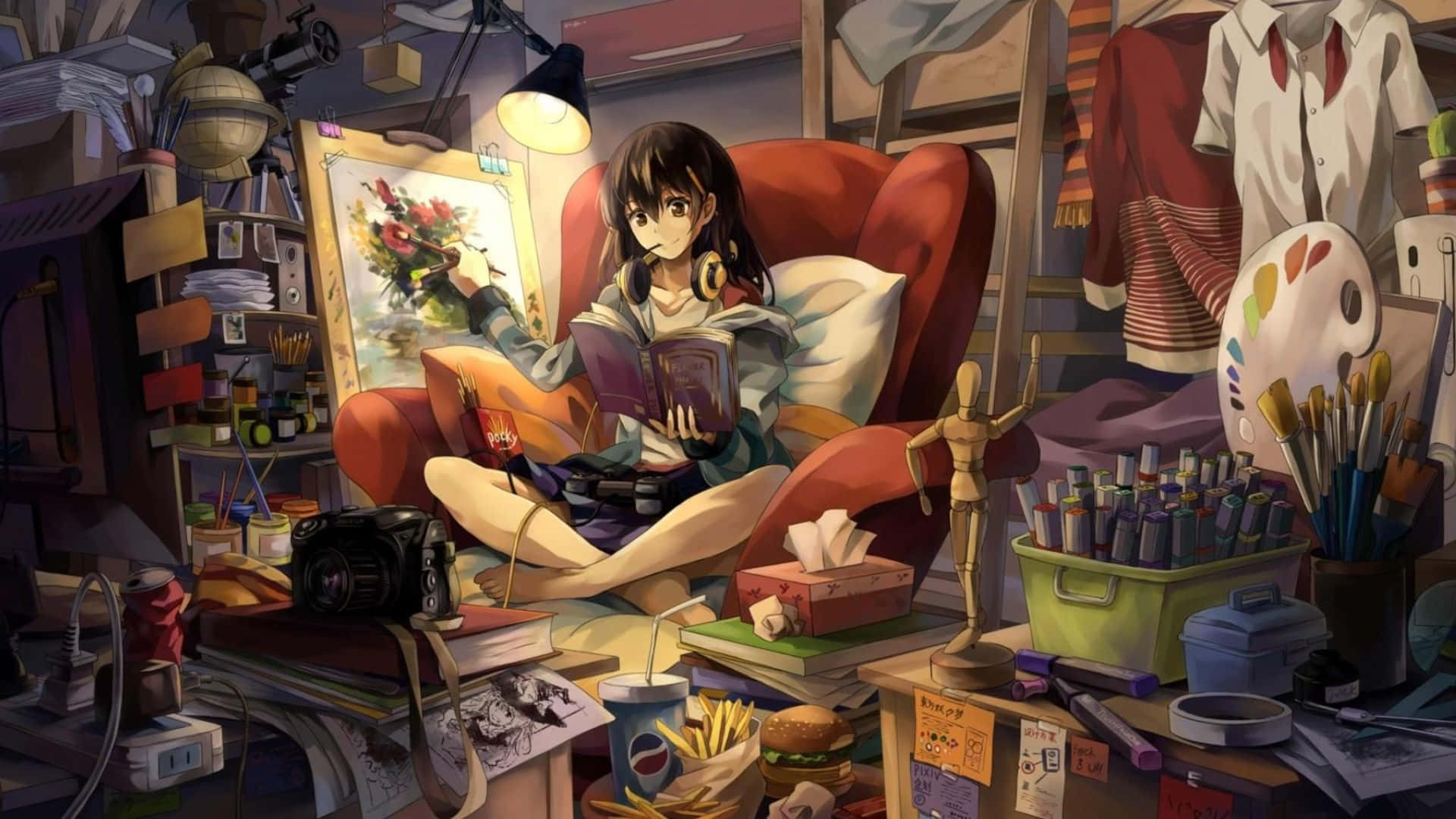 高畫質遊戲 桌布 壁紙 — 一位年輕藝術家在雜亂的工作室椅子上放鬆，周圍環繞著藝術用品和零食，正在閱讀一本書。