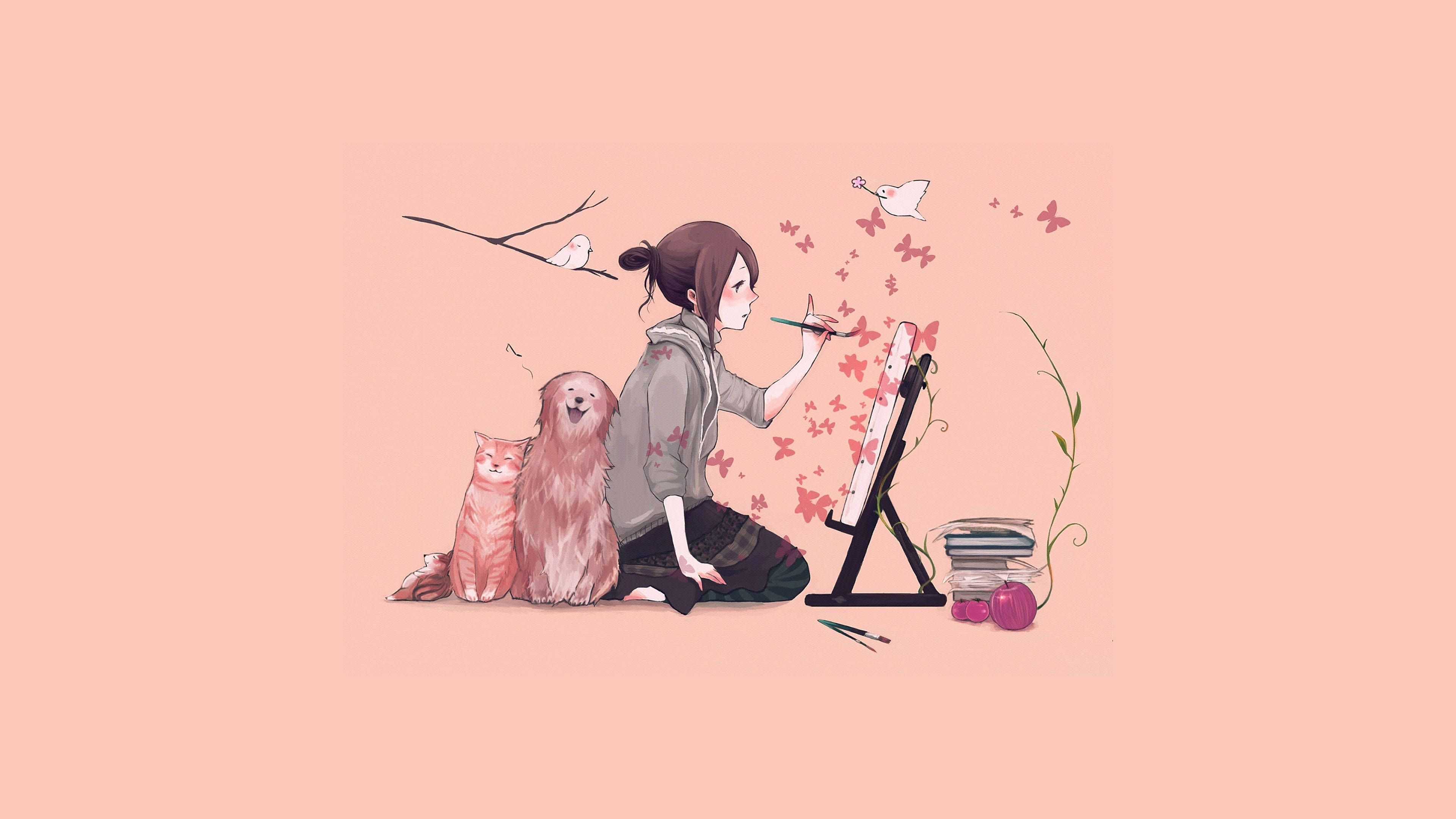 女孩 桌布 壁紙 — 一位年輕藝術家正在畫蝴蝶，兩隻貓和一隻鳥在她旁邊觀看，背景是柔和的桃色。