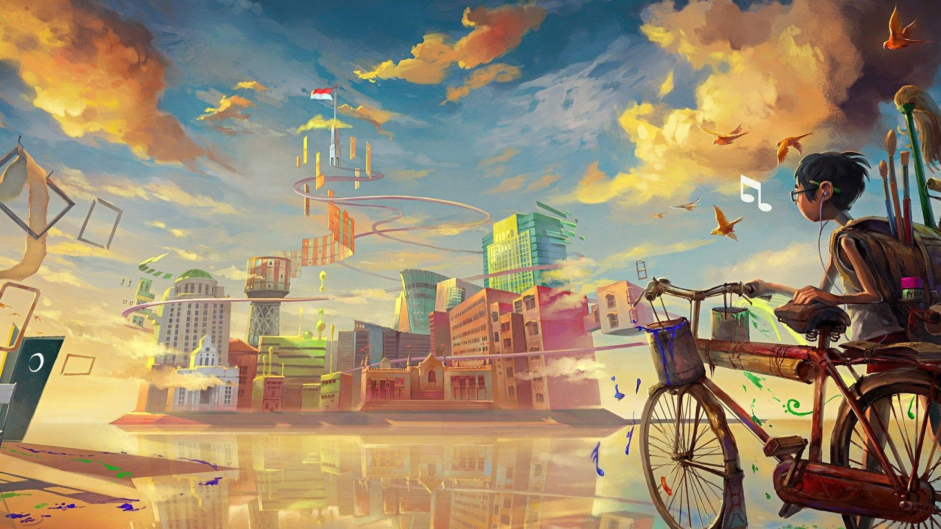 藝術 桌布 壁紙 — 一位年輕藝術家騎著腳踏車穿過超現實的城市景觀，有漂浮的建築物和日落時充滿活力的橙色雲彩。