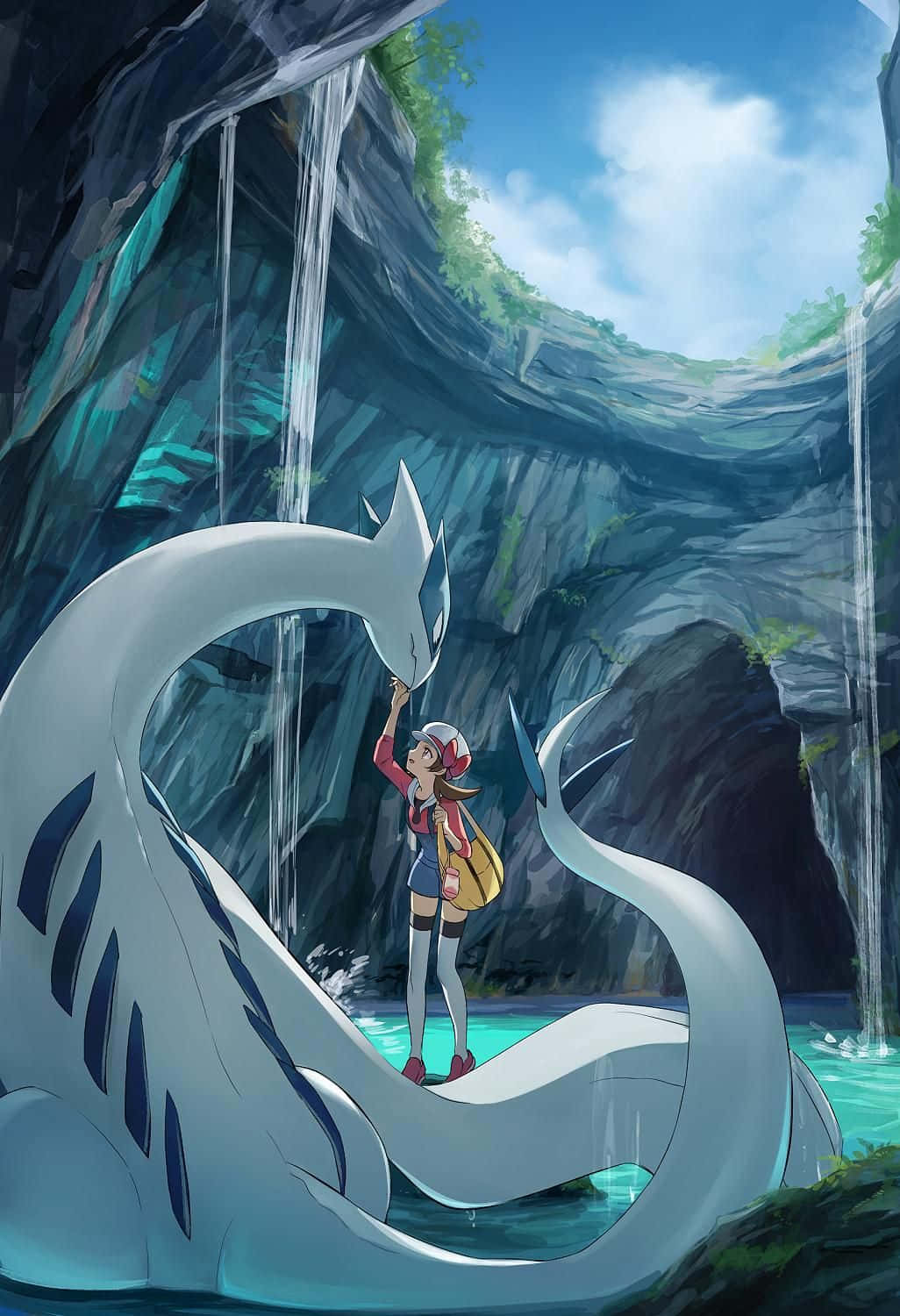 Pokemon Fan Art 桌布 壁紙 — 一位年輕訓練家在煙霧瀰漫的瀑布洞穴中，輕輕觸摸一隻巨大的白色龍系寶可夢的頭部。