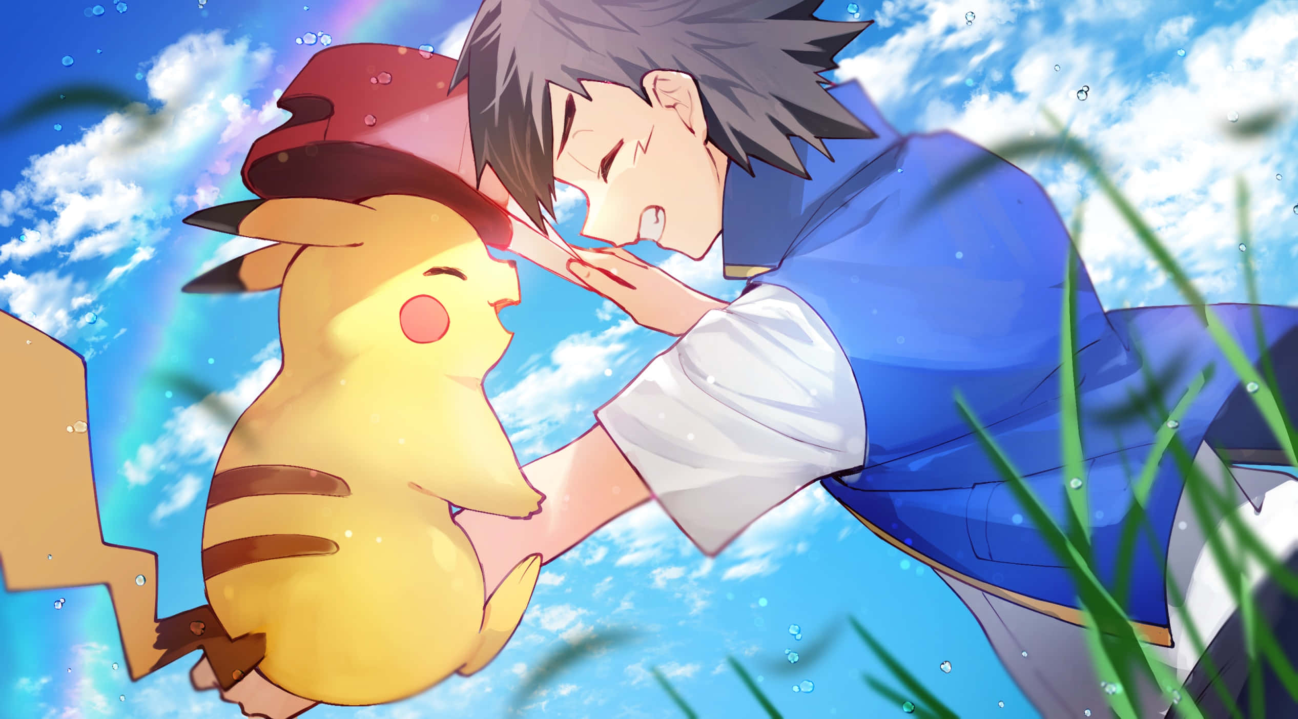 Ash And Pikachu 桌布 壁紙 — 一位年輕訓練家在藍天白雲和彩虹下輕輕觸摸皮卡丘的臉頰。