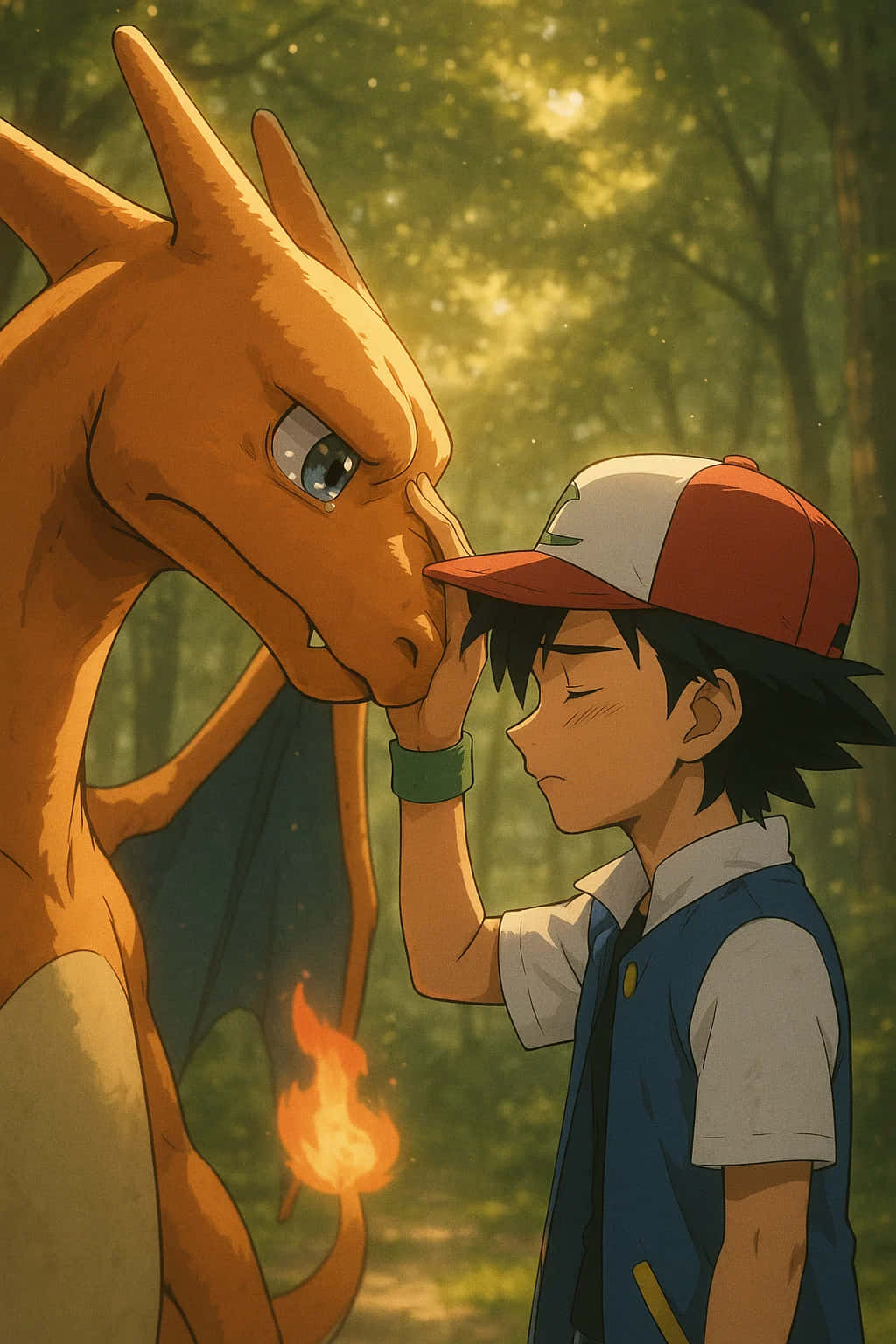 Charizard Pokemon HD Wallpaper WEBP 4K Background Download 壁紙 — 一位年輕訓練家在陽光明媚的森林中，輕輕觸摸他橙色龍系寶可夢的鼻尖。