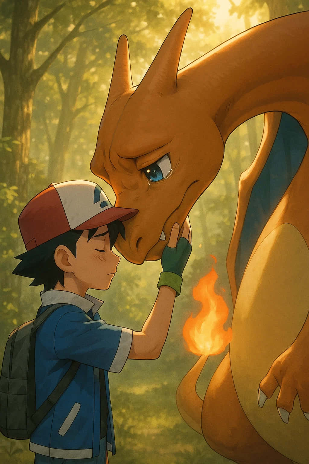 Charizard Pokemon HD Wallpaper WEBP 4K Background Download 壁紙 — 一位年輕訓練家在陽光明媚的森林中輕輕觸摸一隻大型橙色龍系寶可夢的鼻子。